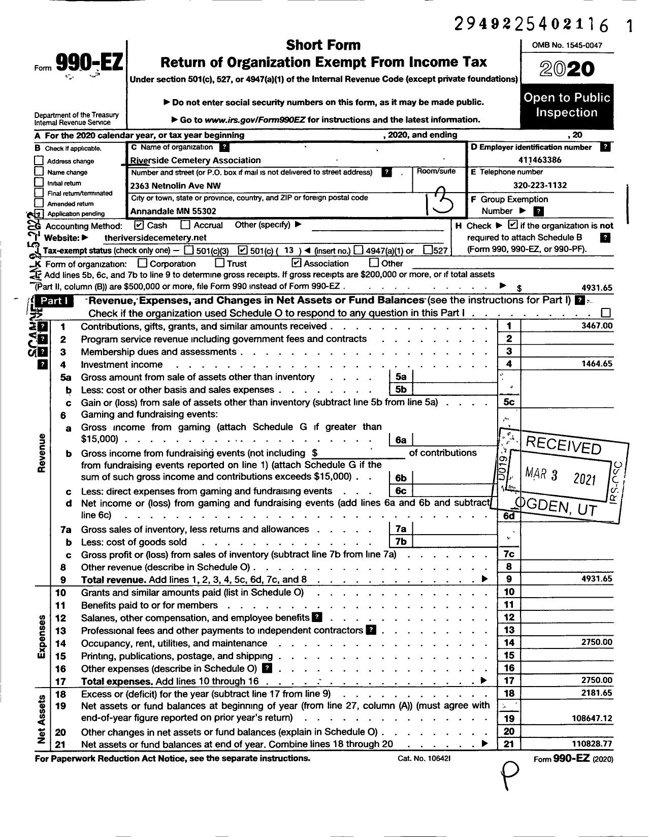 Image of first page of 2020 Form 990EO for Riverside Cemetery Association