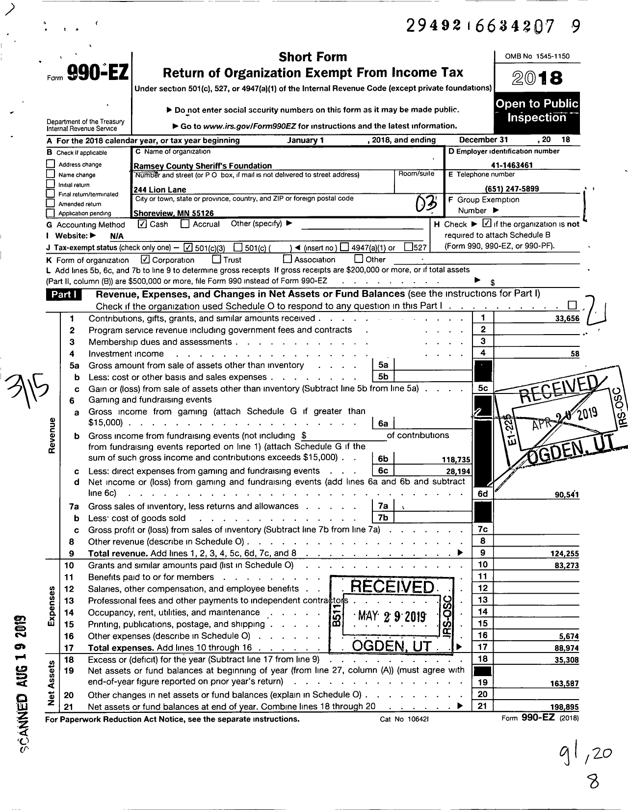 Image of first page of 2018 Form 990EZ for Ramsey County Sheriffs Foundation