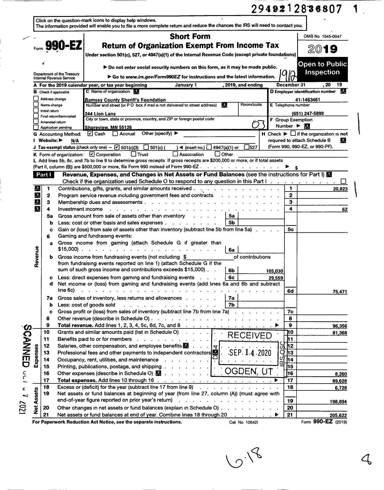 Image of first page of 2019 Form 990EZ for Ramsey County Sheriffs Foundation