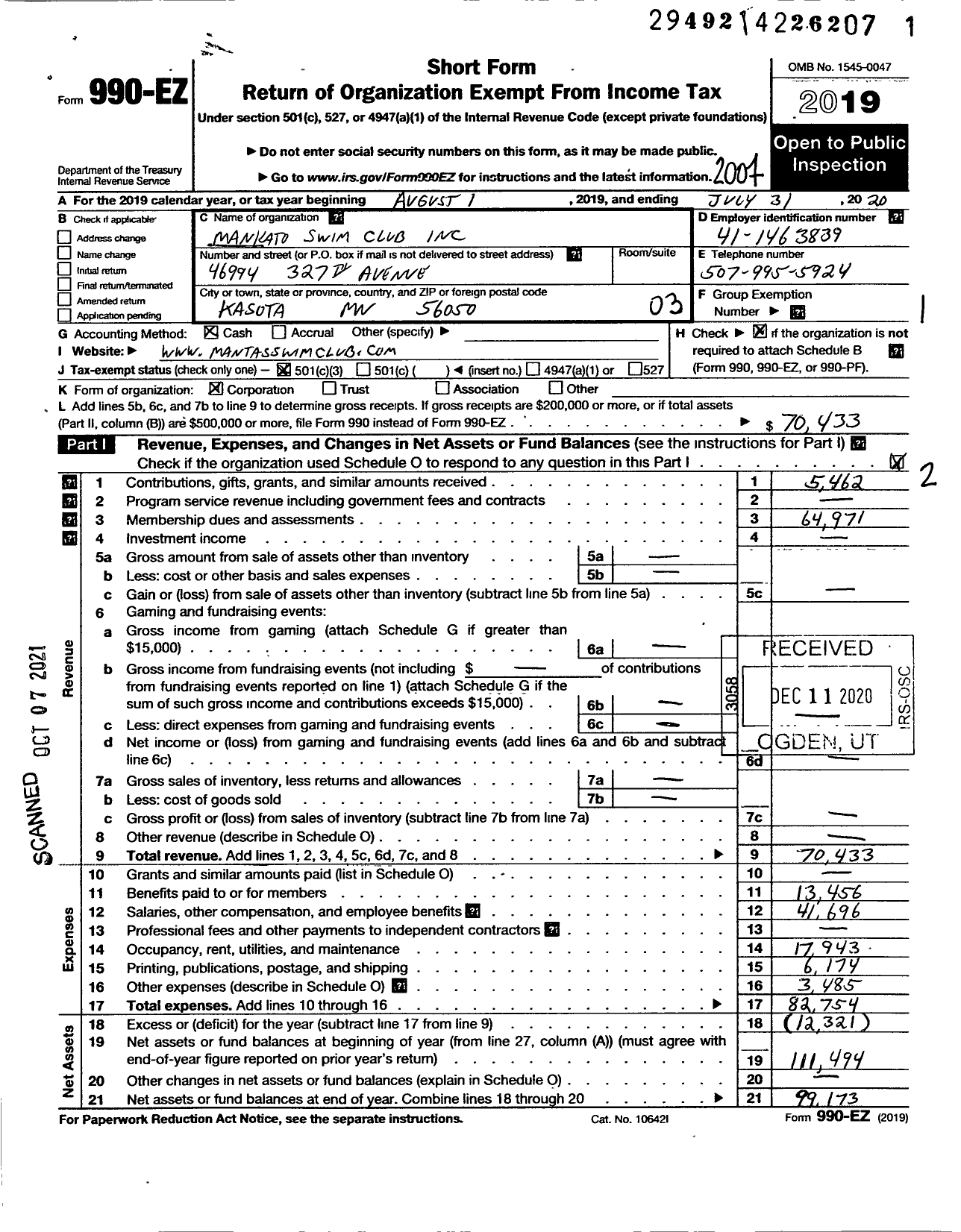 Image of first page of 2019 Form 990EZ for Mankato Swim Club