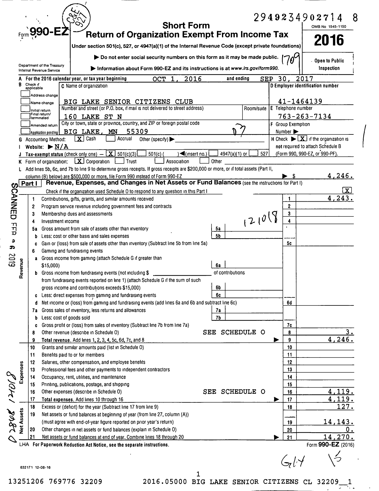 Image of first page of 2016 Form 990EZ for Big Lake Senior Citizens Club