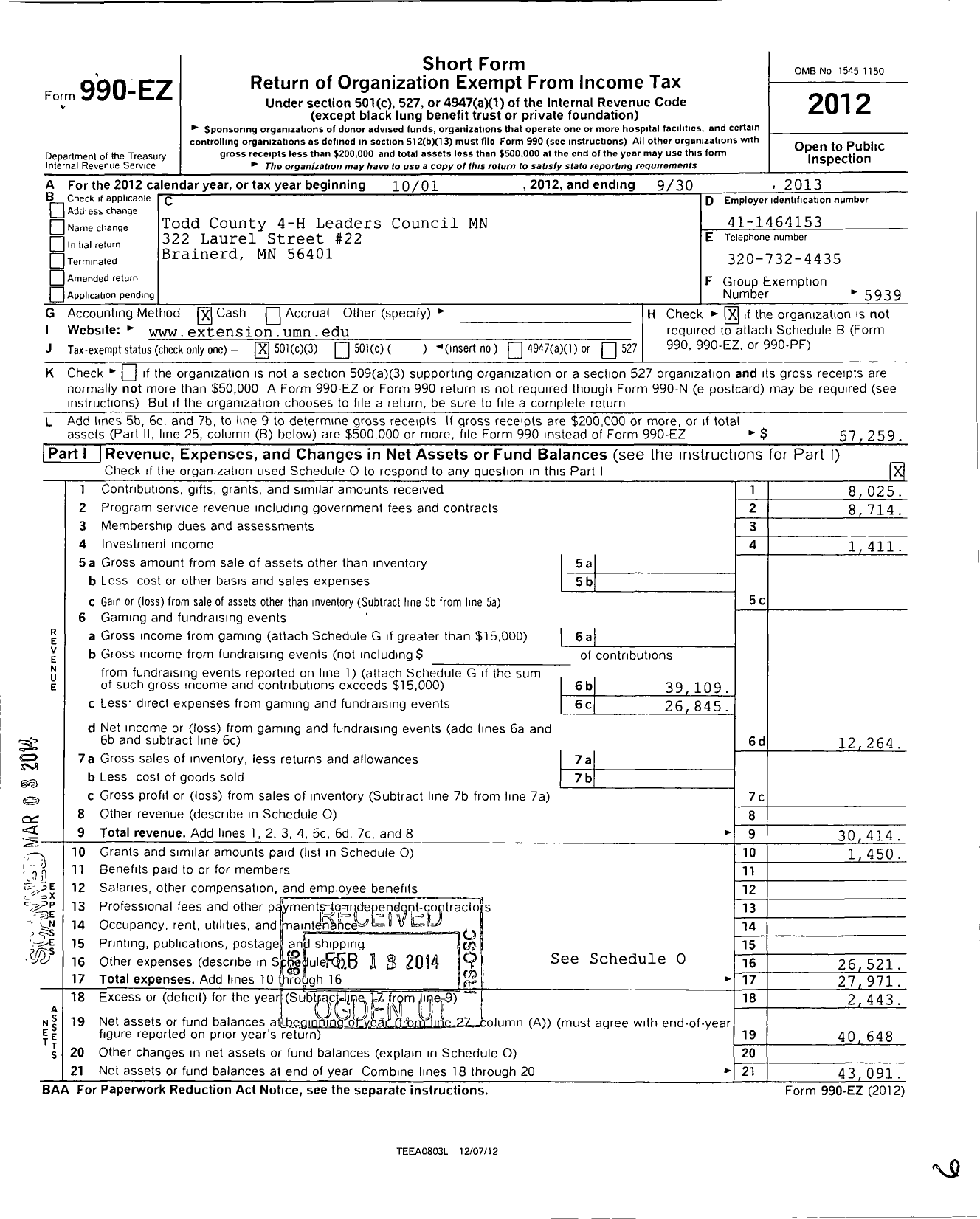 Image of first page of 2012 Form 990EZ for Regents of the University of Minnesota / Todd County 4-H Leaders Council MN