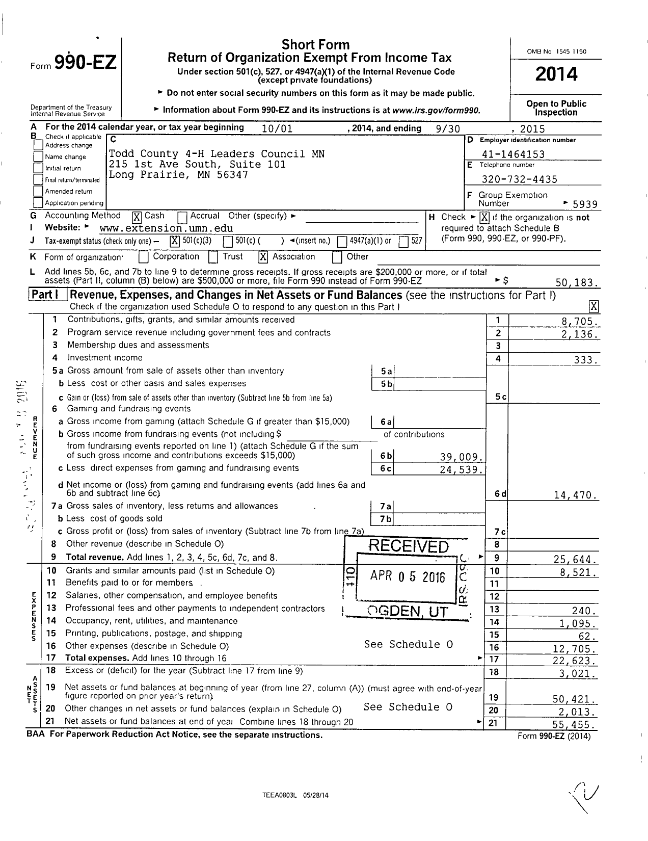 Image of first page of 2014 Form 990EZ for Todd County 4-H Leaders Council MN