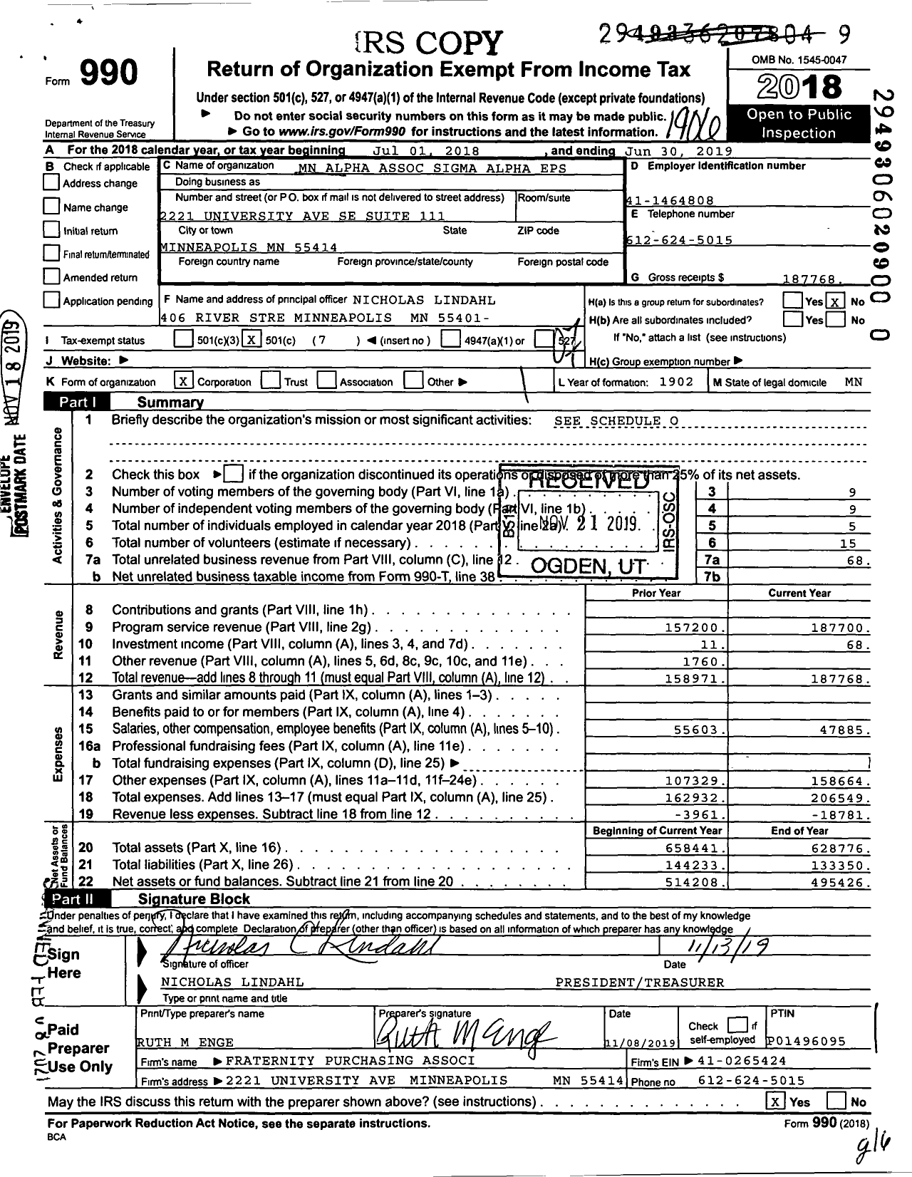 Image of first page of 2018 Form 990O for Sigma Alpha Epsilon Fraternity - Minnesota Alpha Assoc