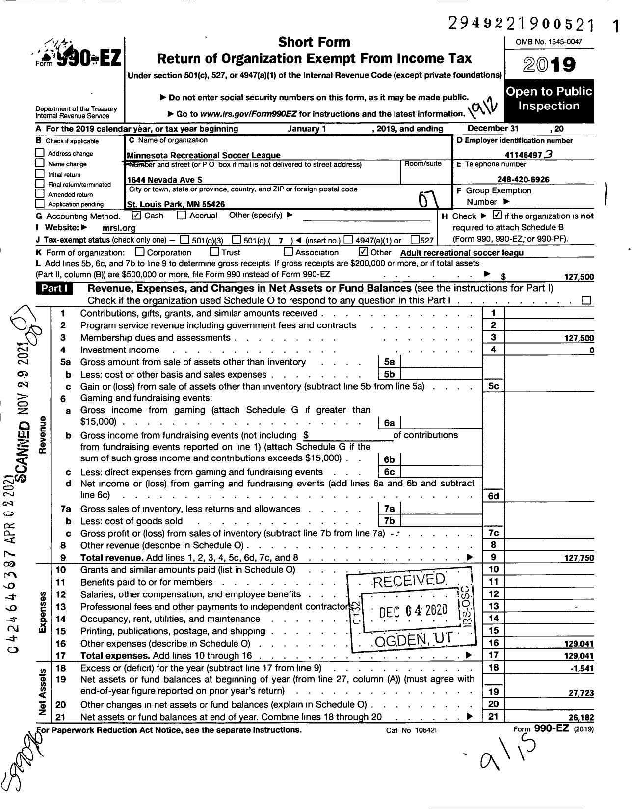 Image of first page of 2019 Form 990EO for Minnesota Recreational Soccer League