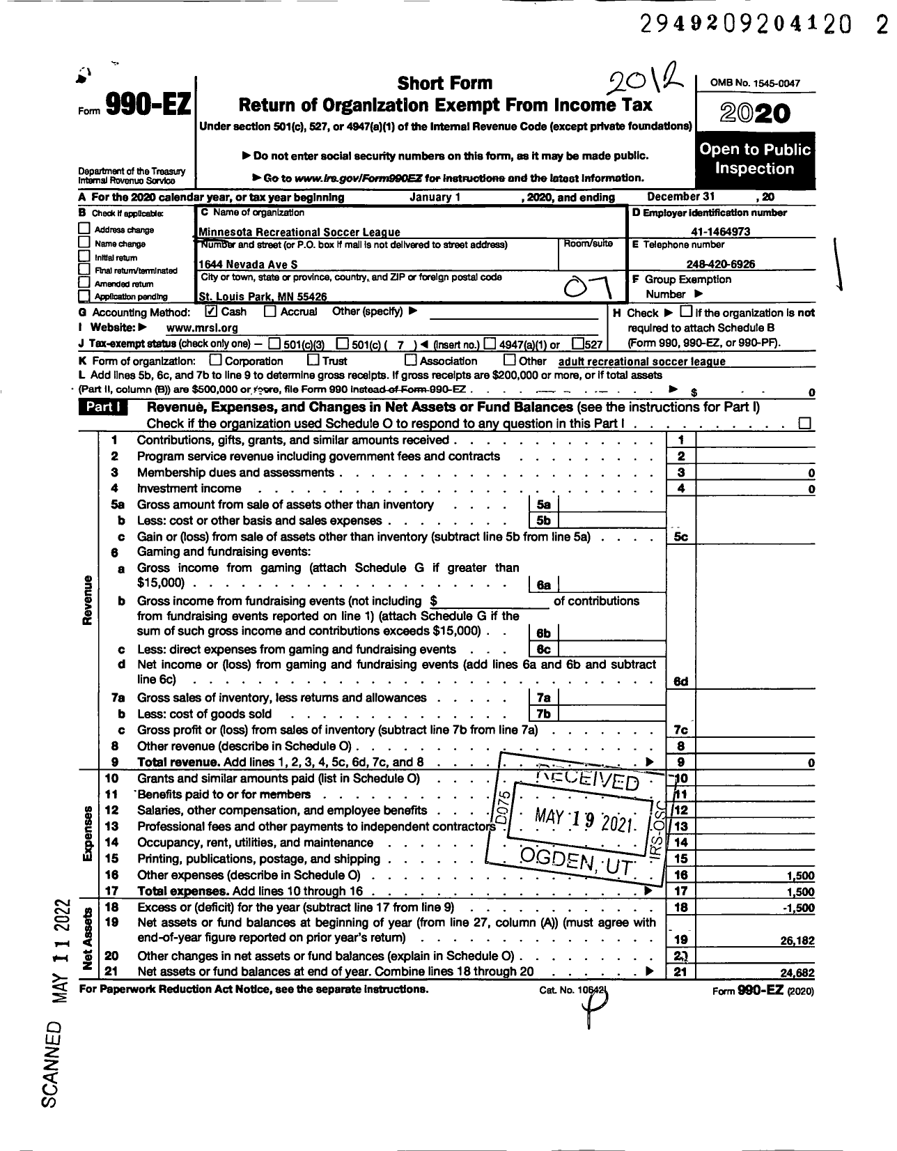 Image of first page of 2020 Form 990EO for Minnesota Recreational Soccer League