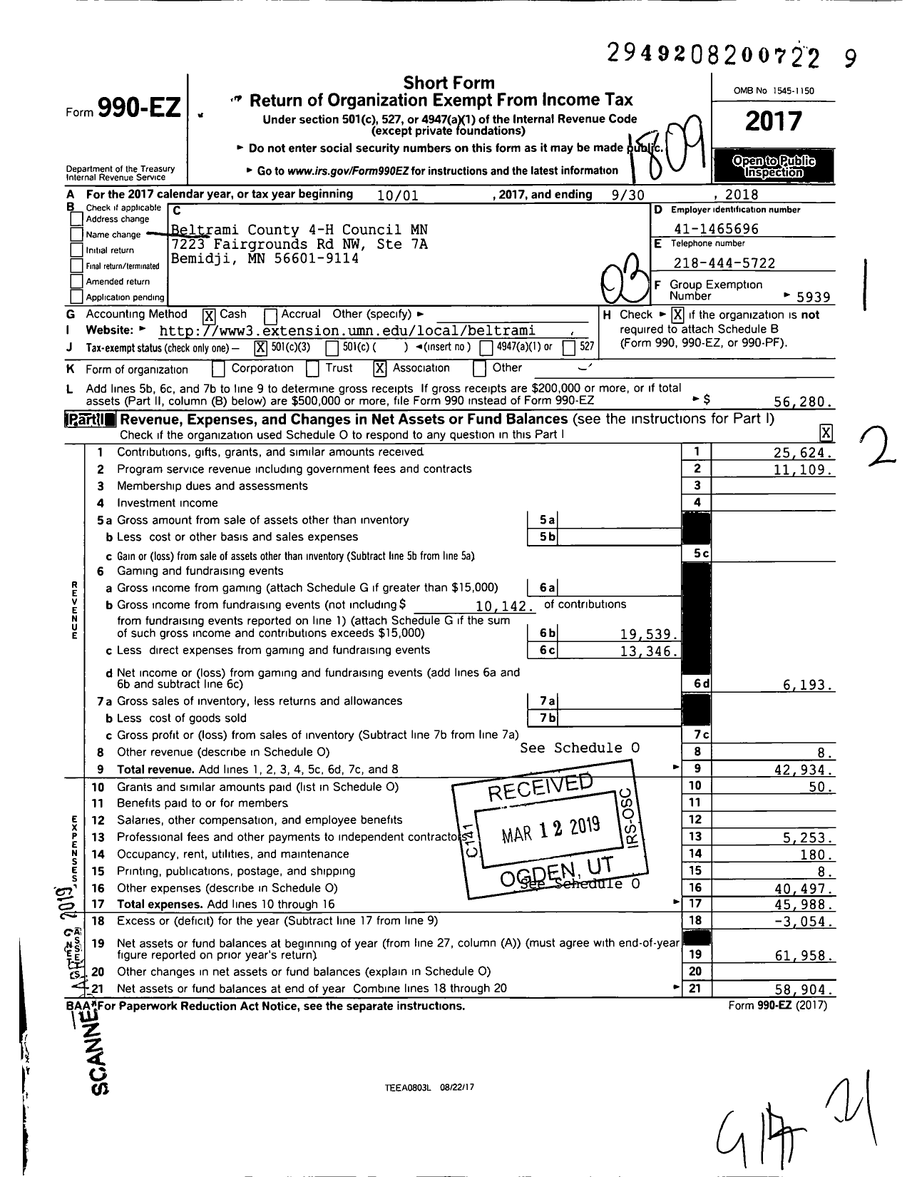 Image of first page of 2017 Form 990EZ for Beltrami County 4-H Council MN