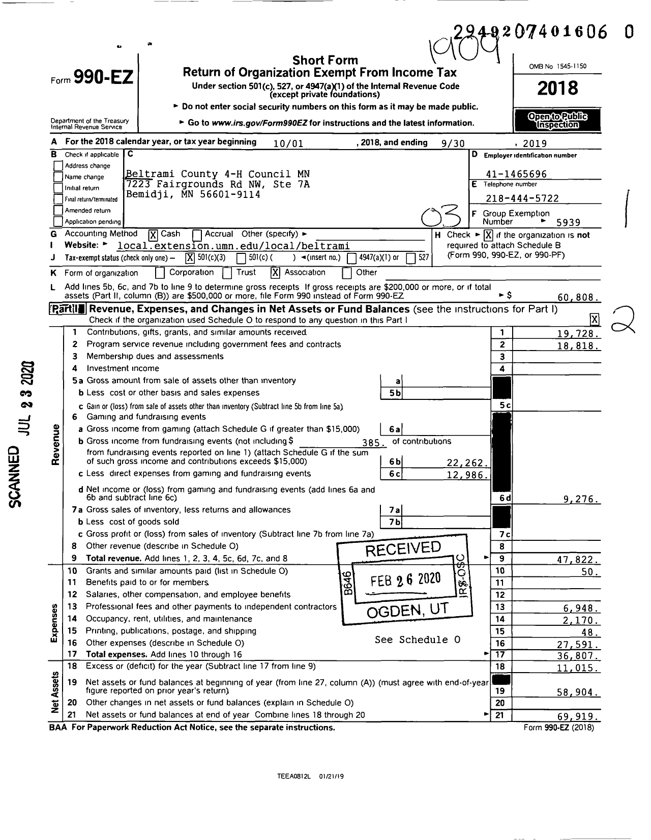 Image of first page of 2018 Form 990EZ for Beltrami County 4-H Council MN