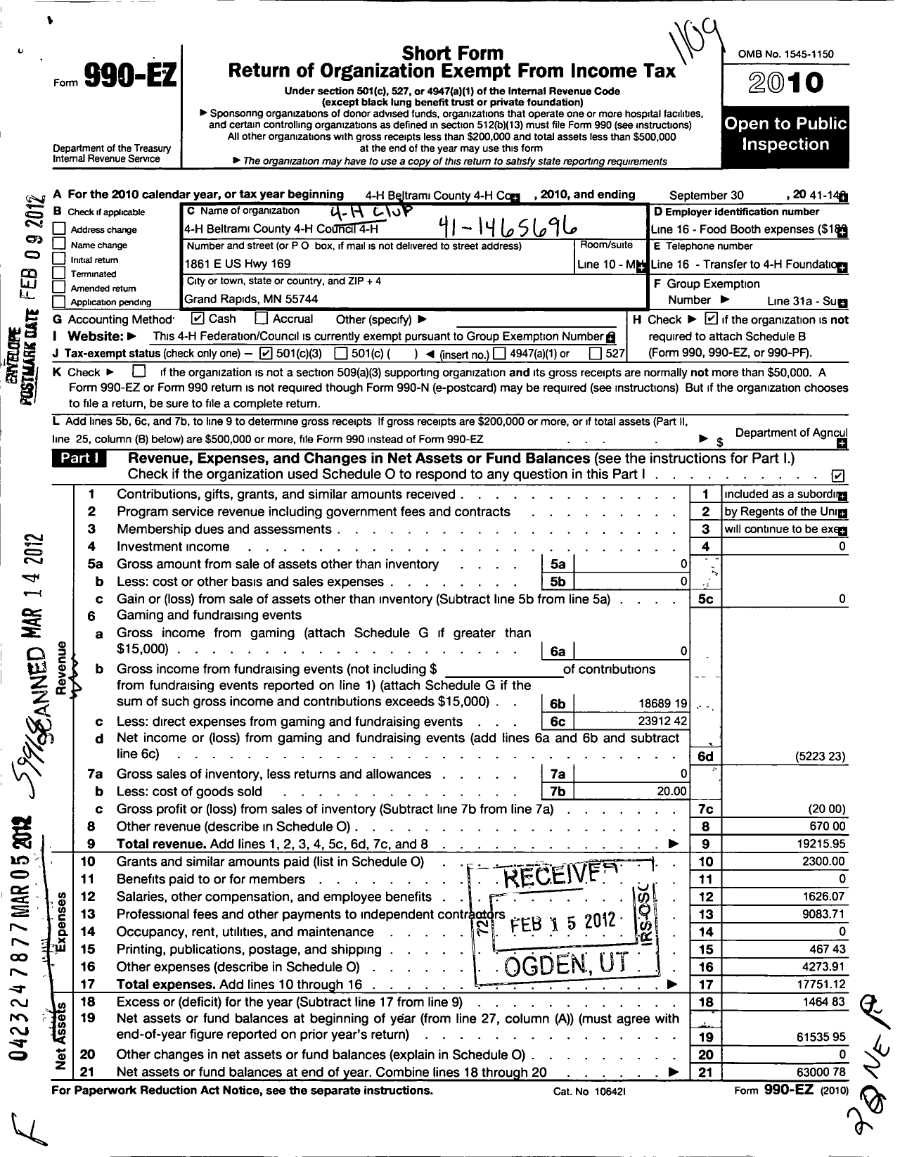 Image of first page of 2010 Form 990EZ for Beltrami County 4-H Council MN