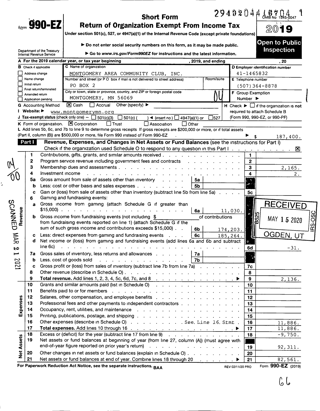 Image of first page of 2019 Form 990EO for Montgomery Area Community Club