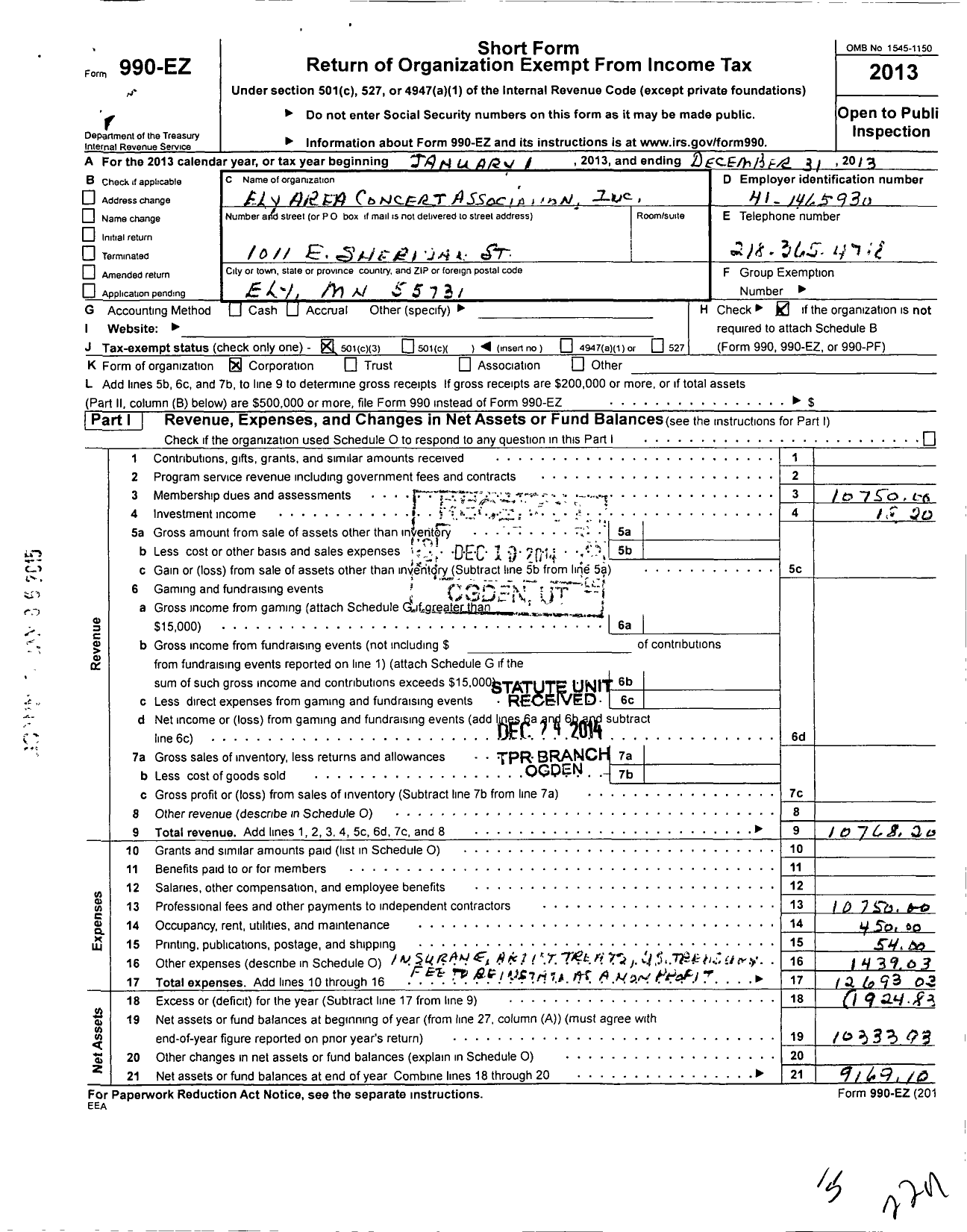 Image of first page of 2013 Form 990EZ for Ely Area Concert Association