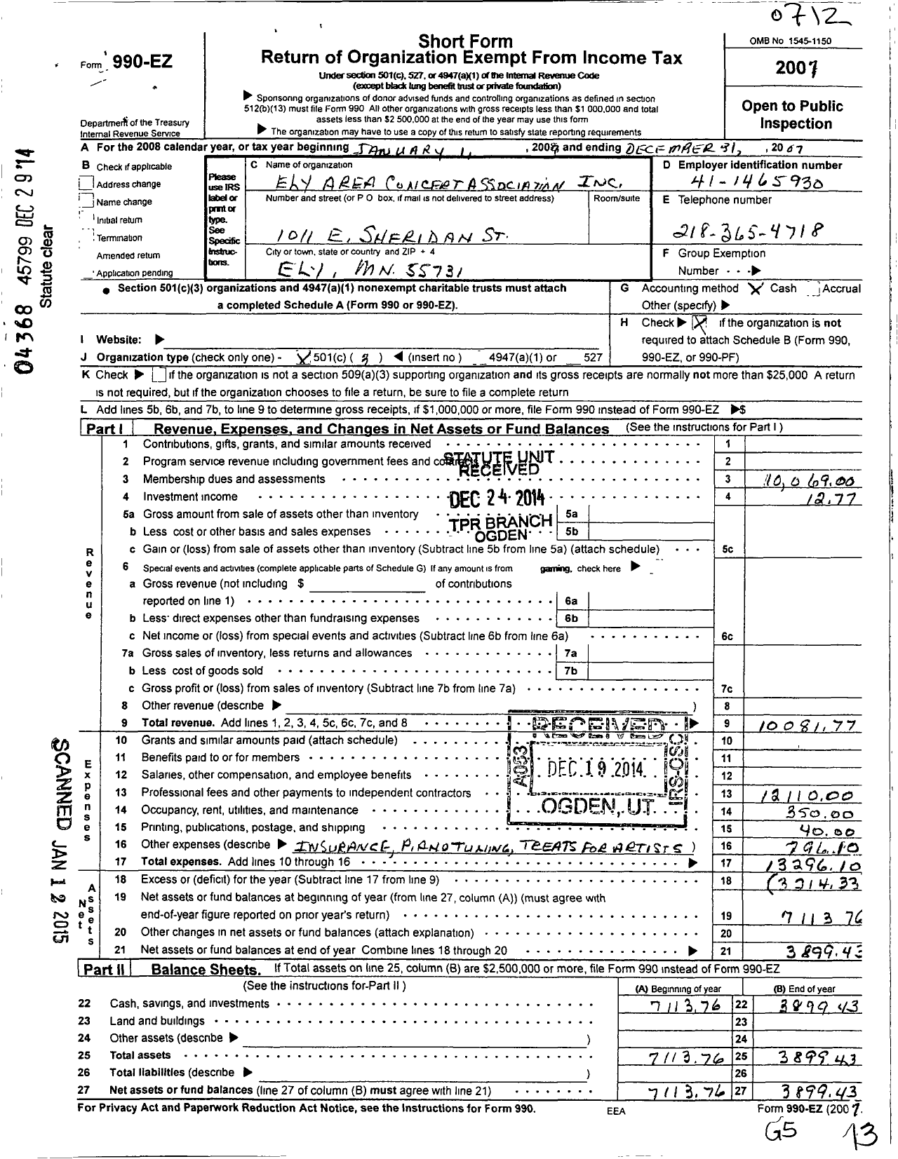 Image of first page of 2007 Form 990EZ for Ely Area Concert Association