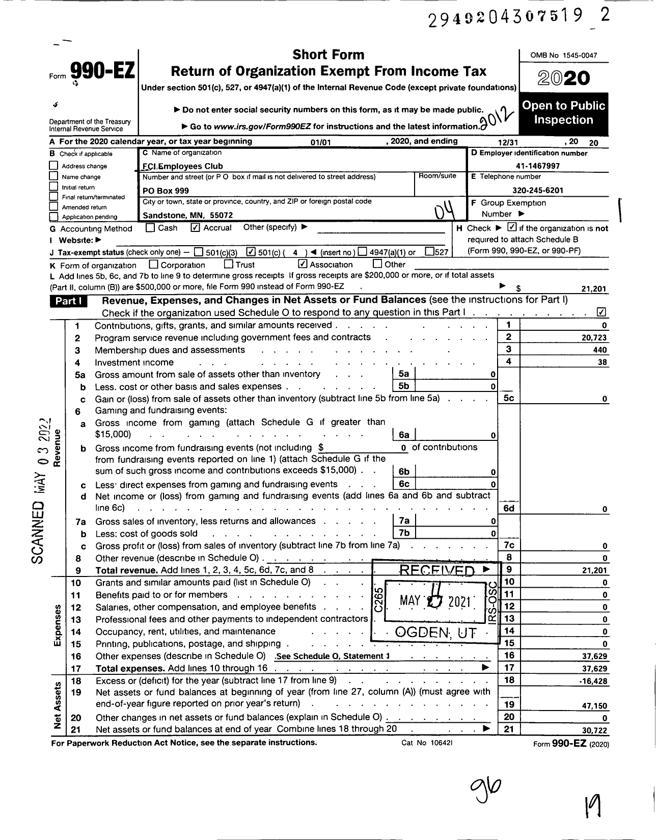 Image of first page of 2020 Form 990EO for FCI Employees Club