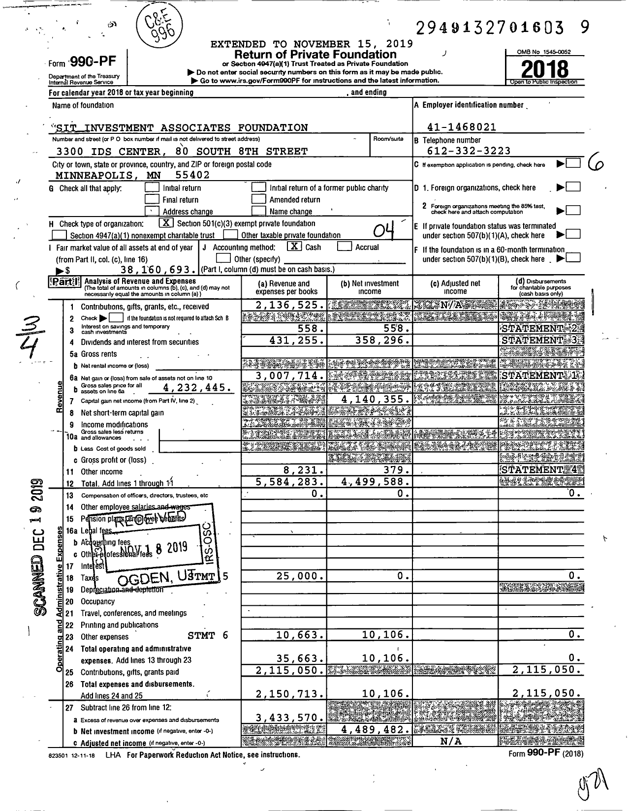 Image of first page of 2018 Form 990PF for Sit Investment Associates Foundation