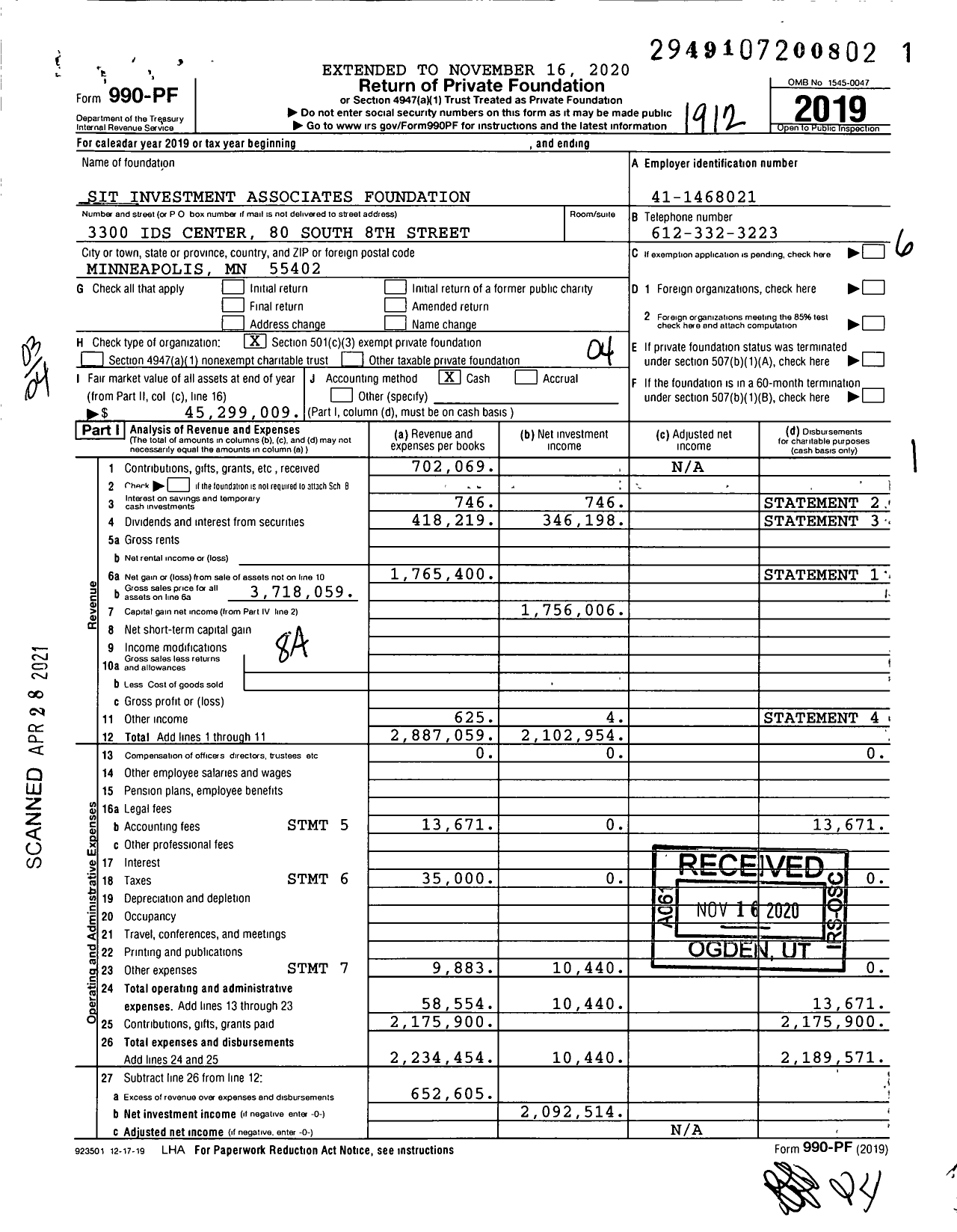 Image of first page of 2019 Form 990PF for Sit Investment Associates Foundation