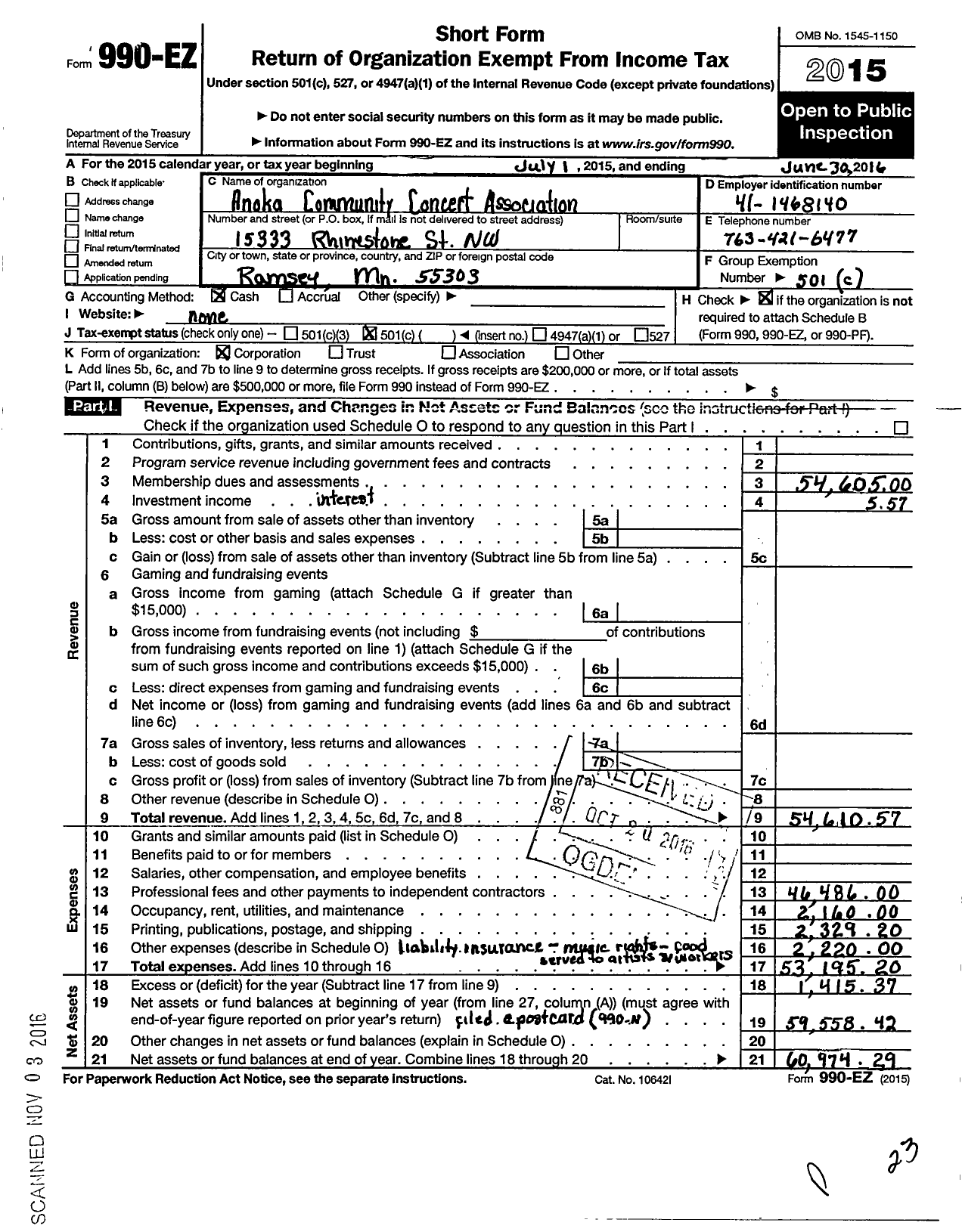 Image of first page of 2015 Form 990EO for Anoka Community Concert Association