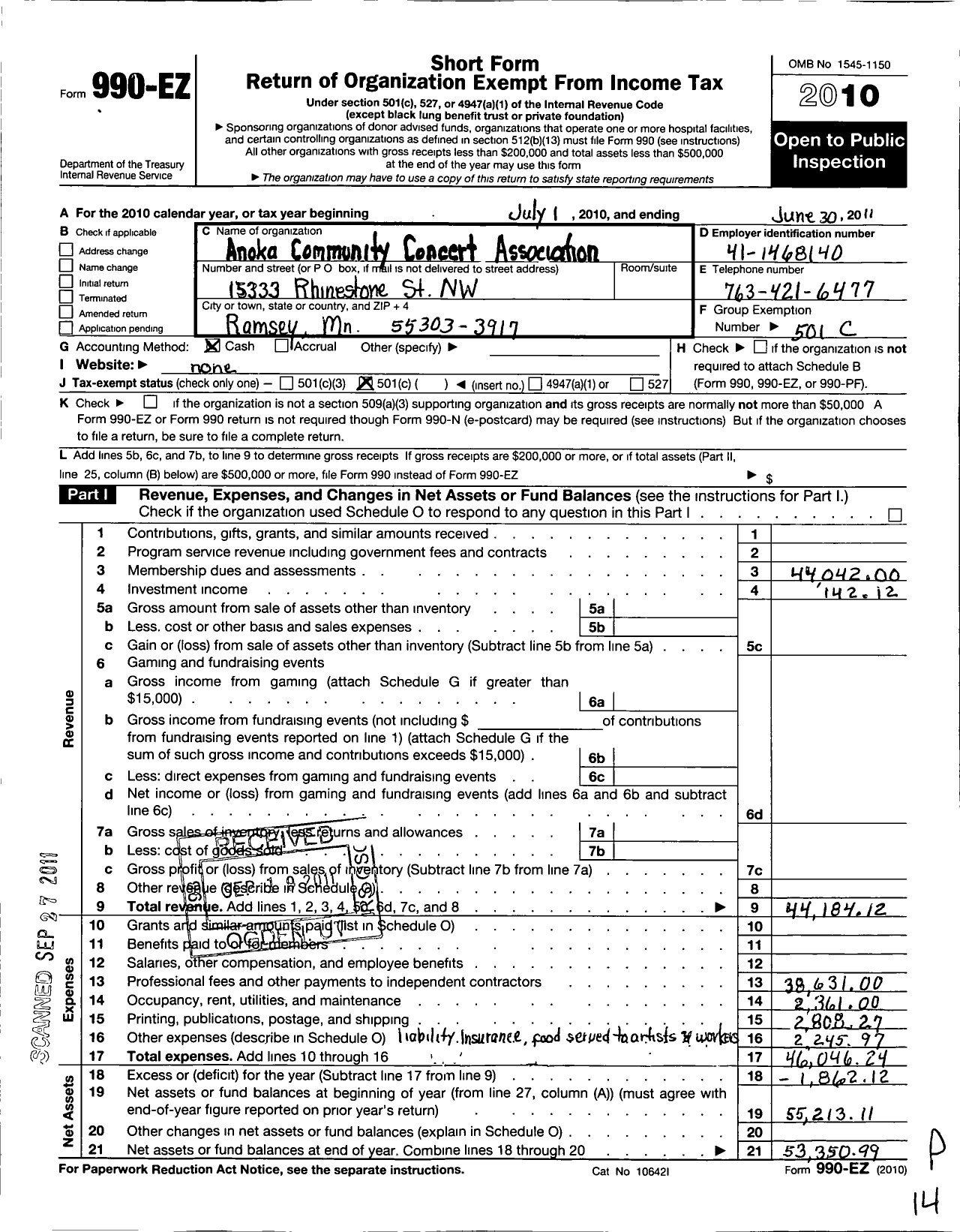 Image of first page of 2010 Form 990EO for Anoka Community Concert Association