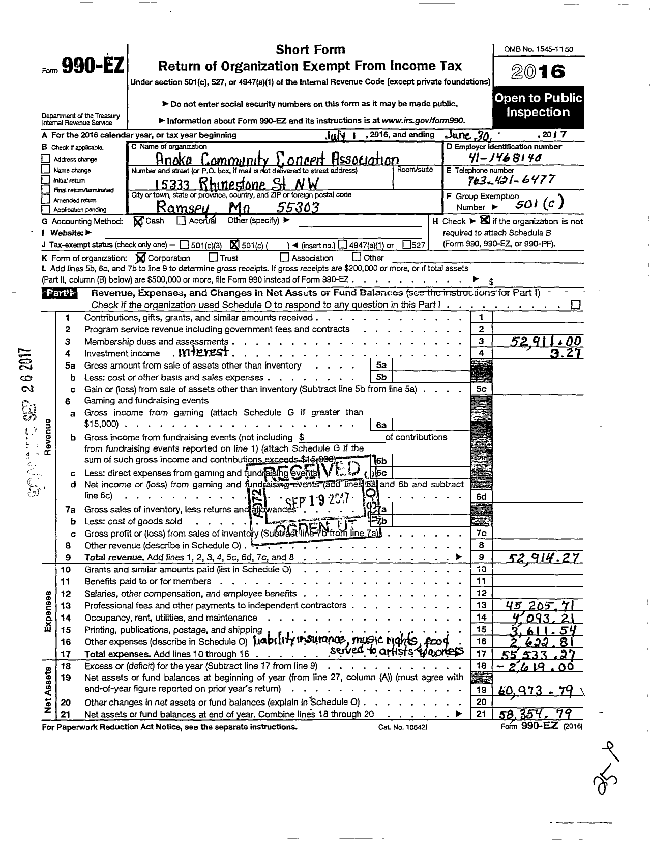 Image of first page of 2016 Form 990EO for Anoka Community Concert Association