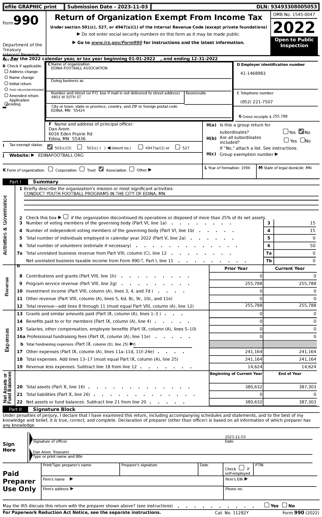 Image of first page of 2022 Form 990 for Edina Football Association