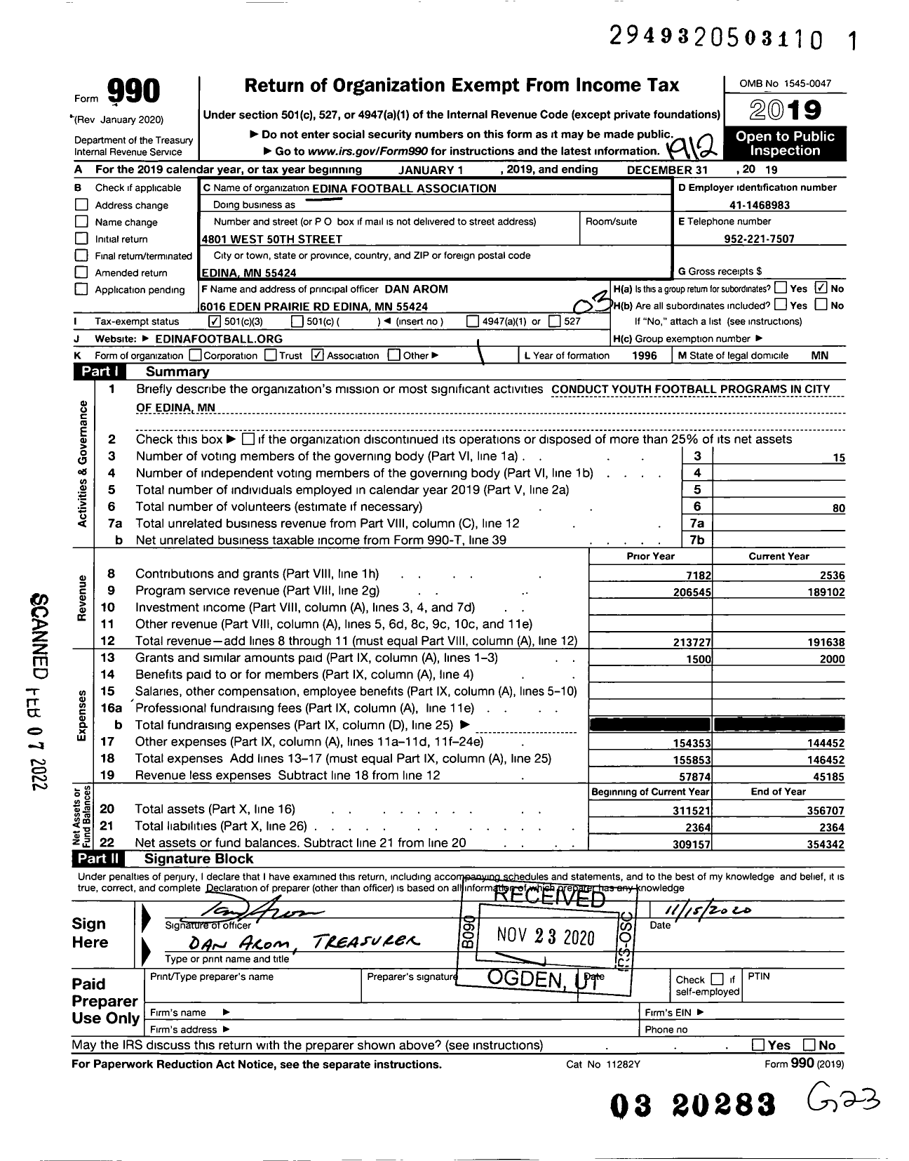 Image of first page of 2019 Form 990 for Edina Football Association