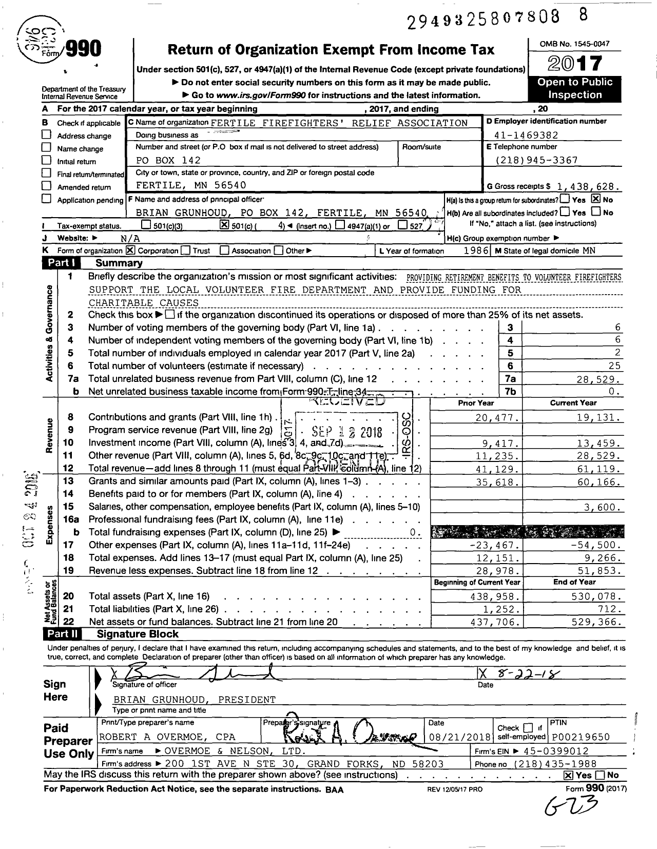 Image of first page of 2017 Form 990O for Fertile Firefighters' Relief Association