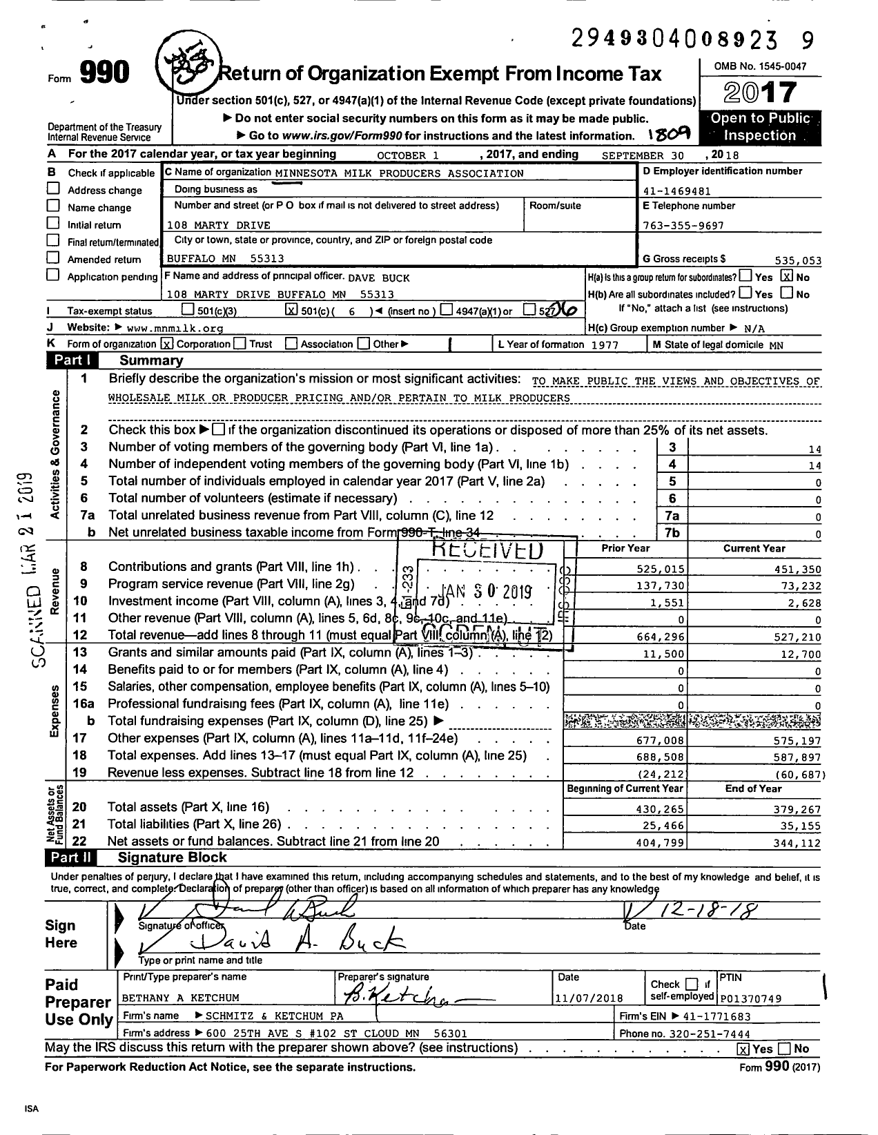 Image of first page of 2017 Form 990O for Minnesota Milk Producers Association