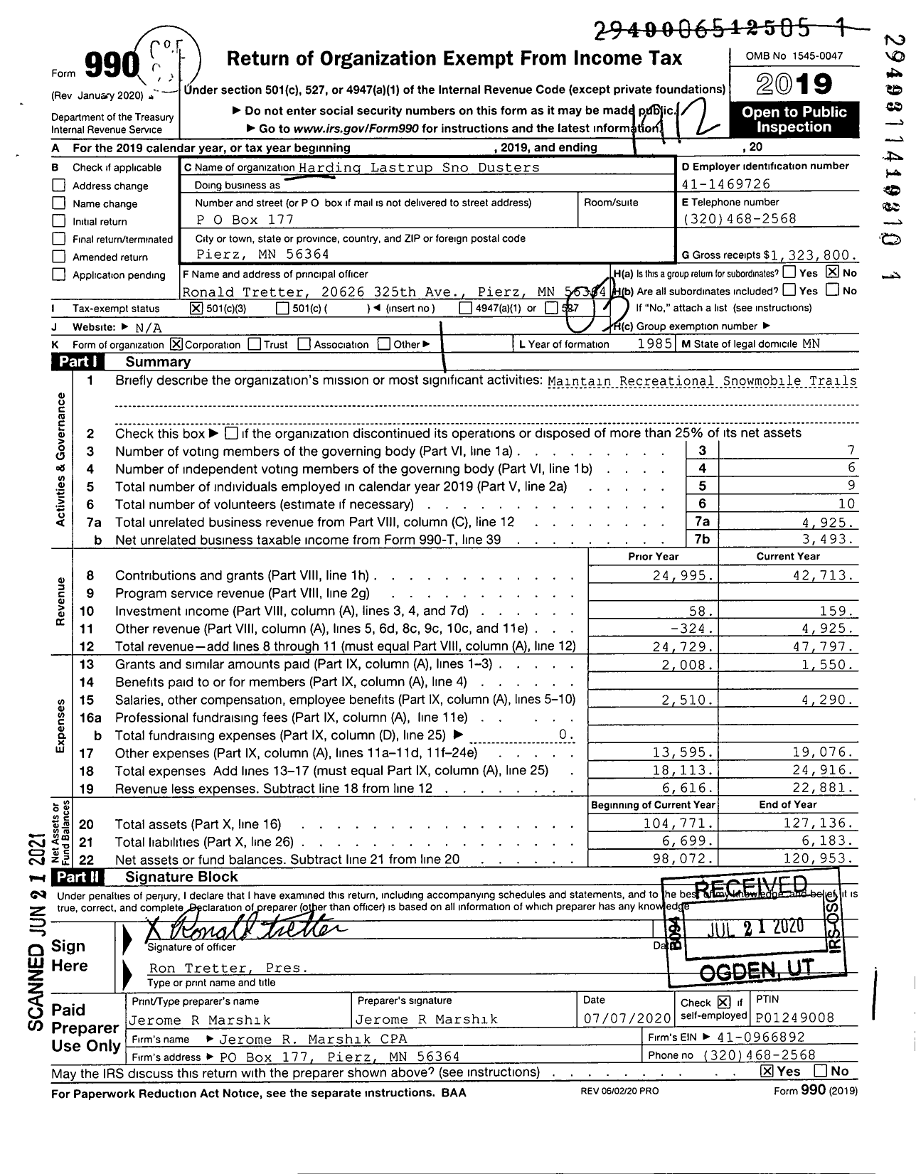 Image of first page of 2019 Form 990 for Harding Lastrup Sno Dusters