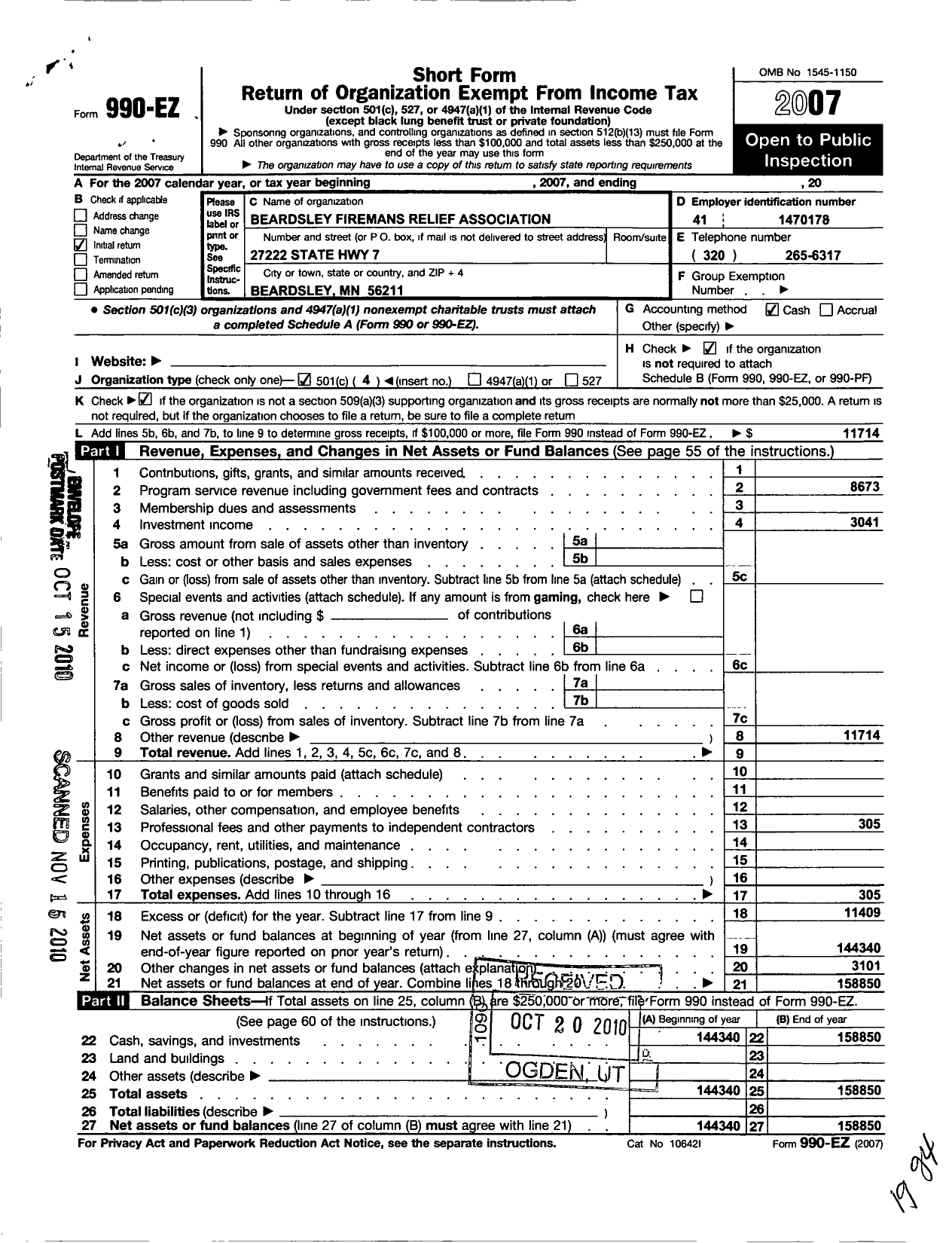 Image of first page of 2007 Form 990EO for Beardsley Firemens Relief Association