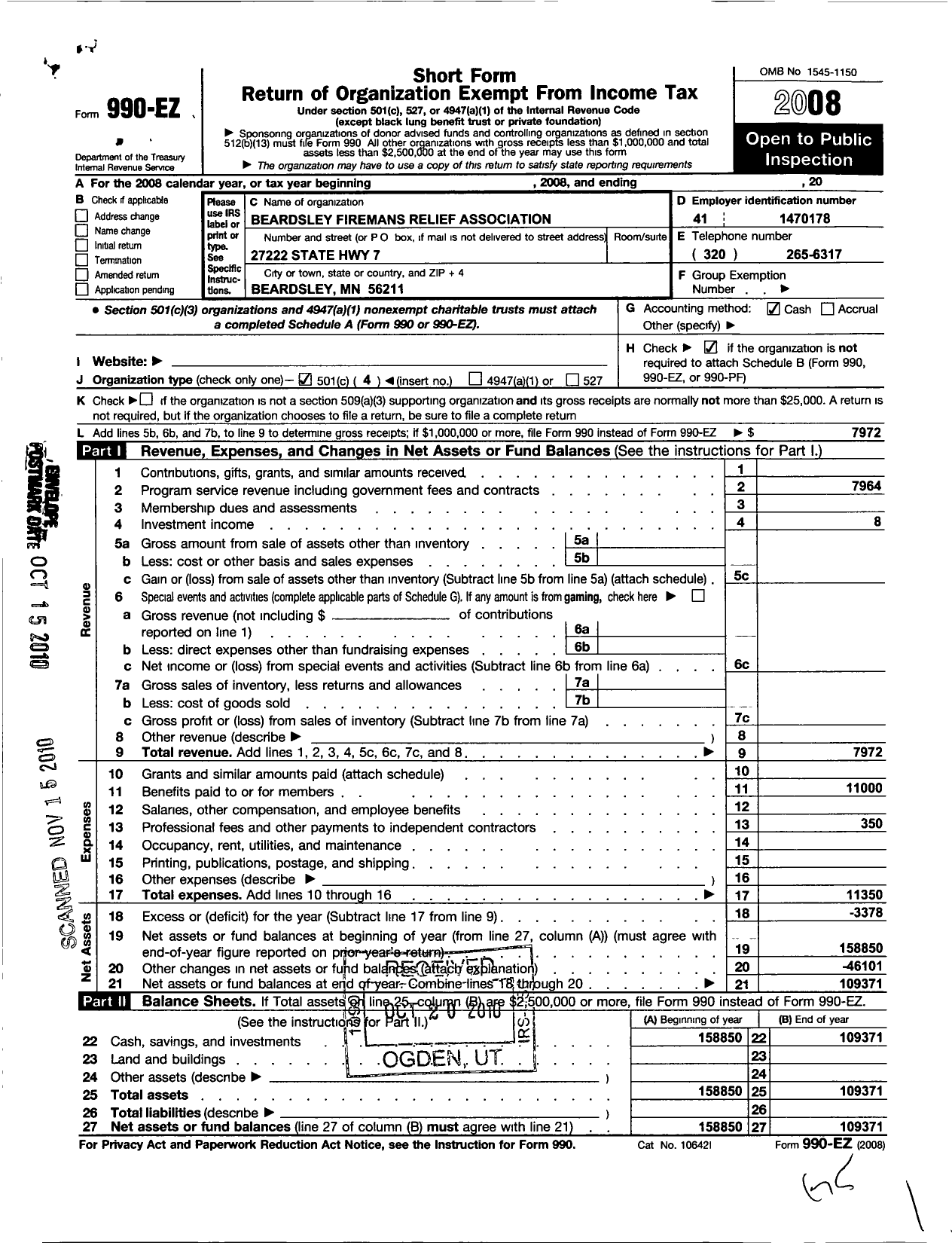 Image of first page of 2008 Form 990EO for Beardsley Firemens Relief Association