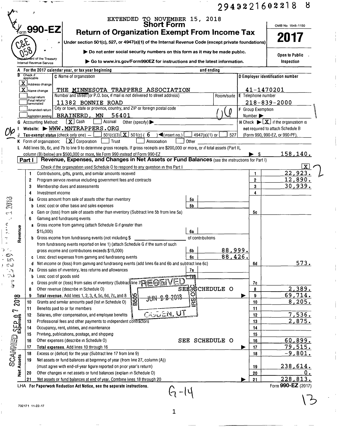 Image of first page of 2017 Form 990EO for The Minnesota Trappers Association