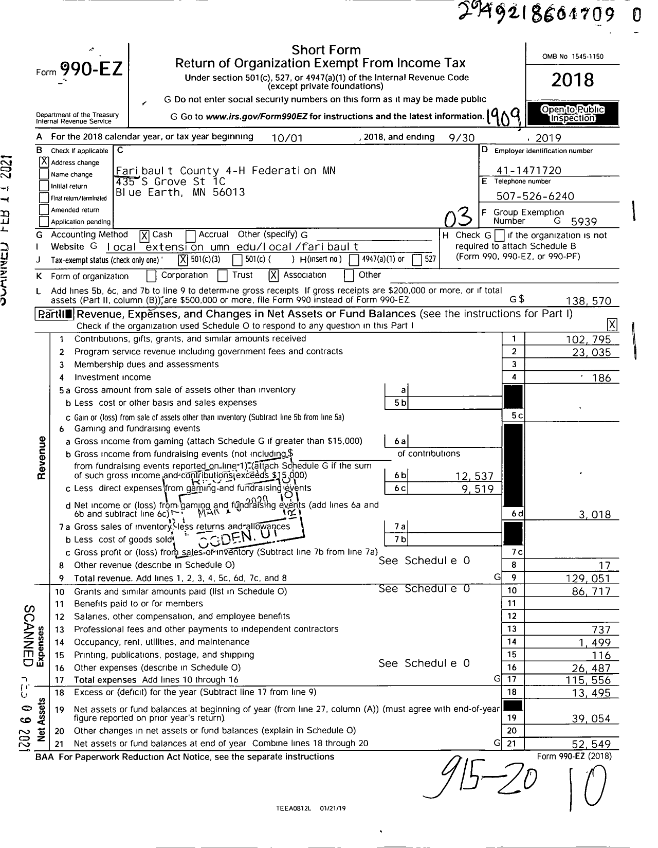 Image of first page of 2018 Form 990EZ for Faribault County 4-H Federation MN