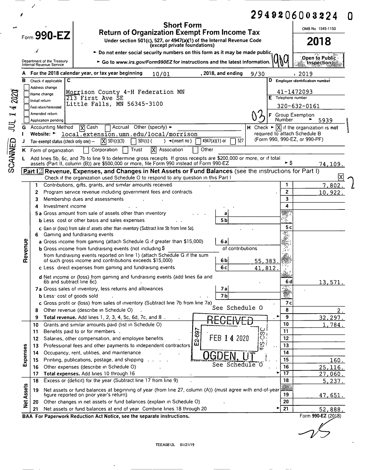 Image of first page of 2018 Form 990EZ for Morrison County 4-H Federation MN