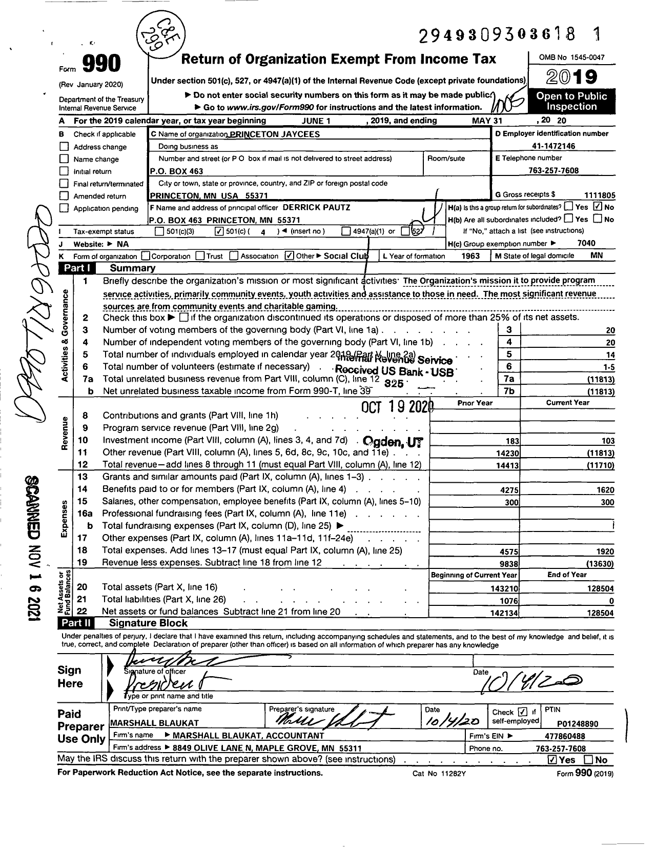 Image of first page of 2019 Form 990O for Princeton Jaycees