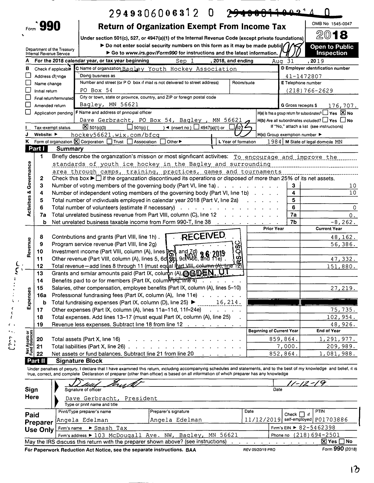 Image of first page of 2018 Form 990 for Bagley Youth Hockey Association