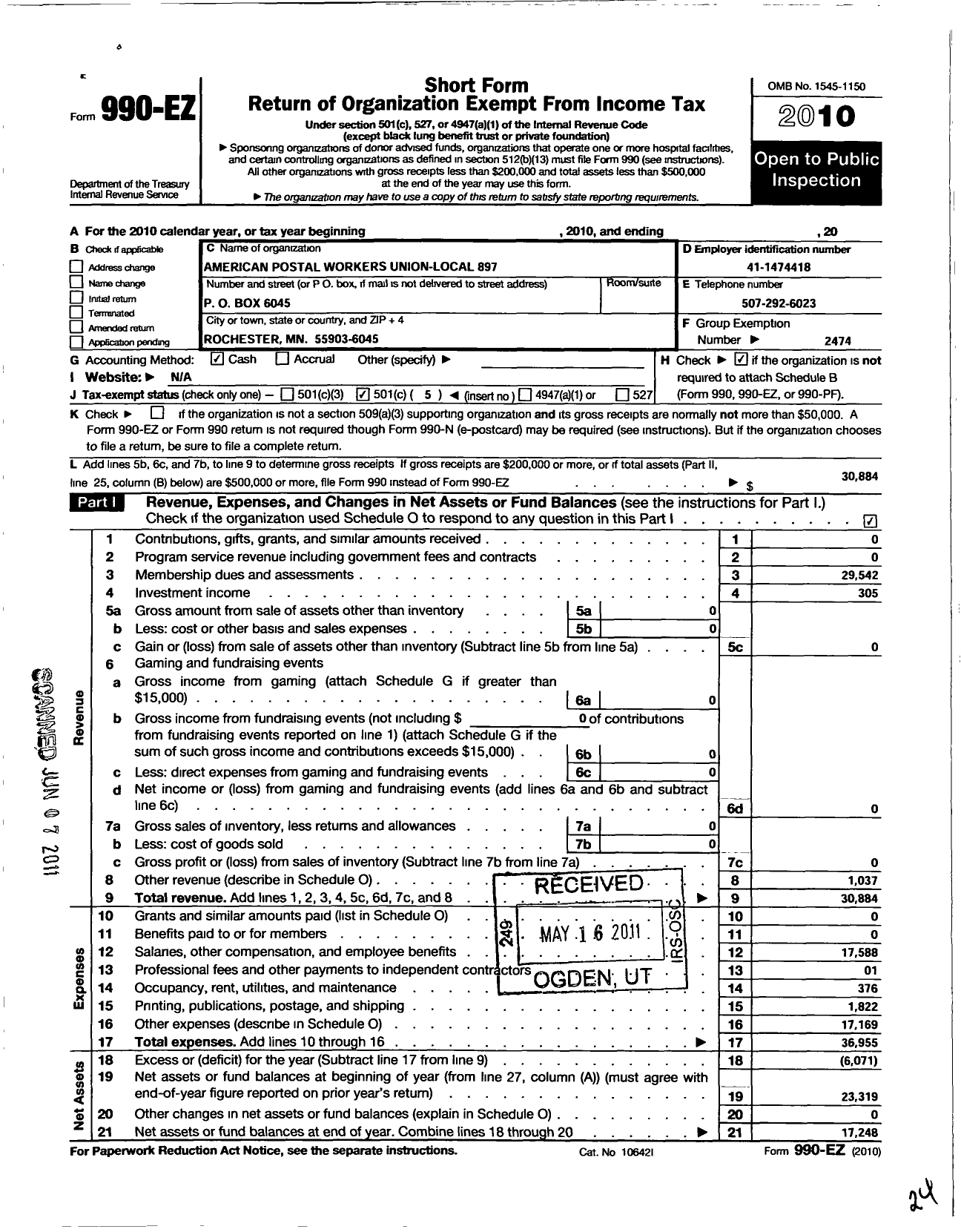 Image of first page of 2010 Form 990EO for American Postal Workers Union - 897 Rochester Local