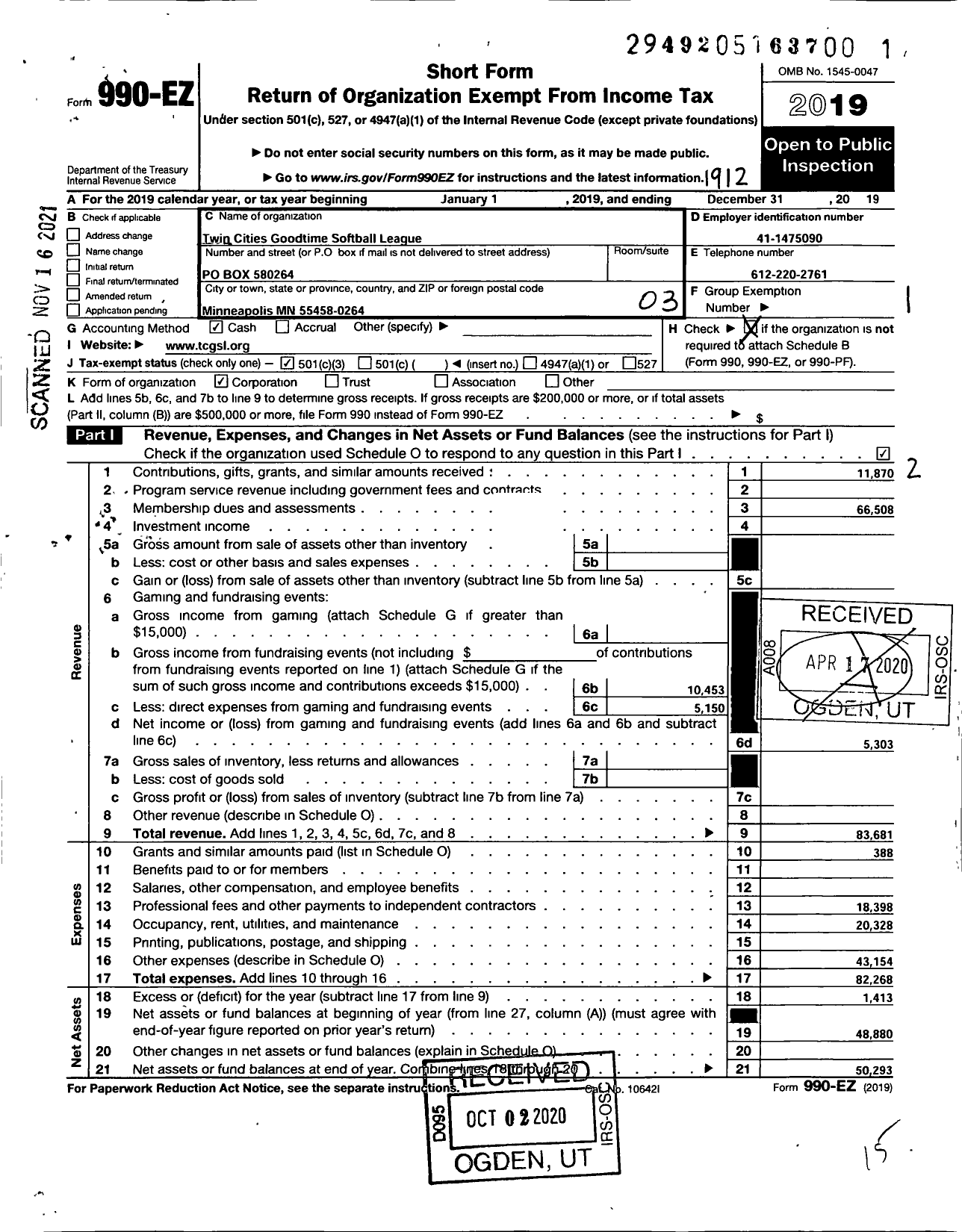 Image of first page of 2019 Form 990EZ for Twin Cities Goodtime Softball League