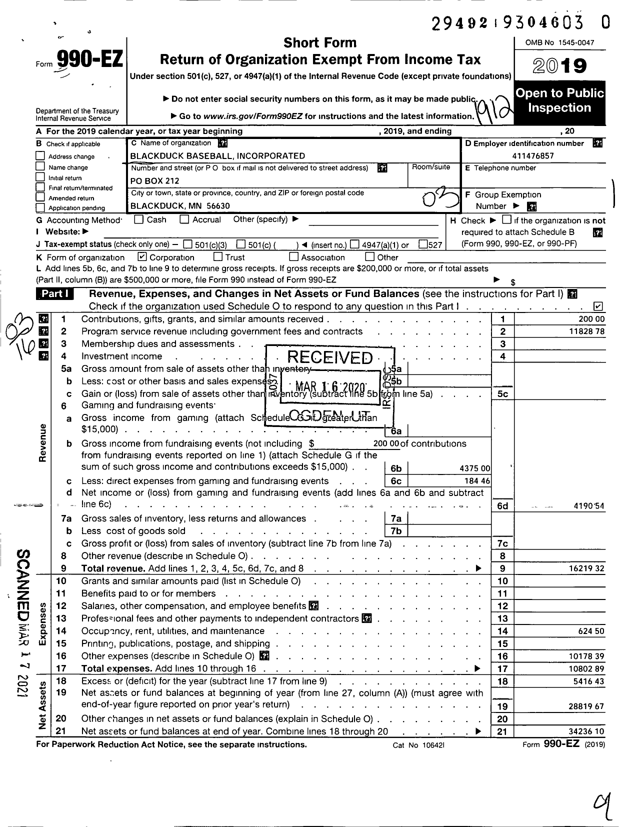 Image of first page of 2019 Form 990EZ for Blackduck Baseball Incorporated