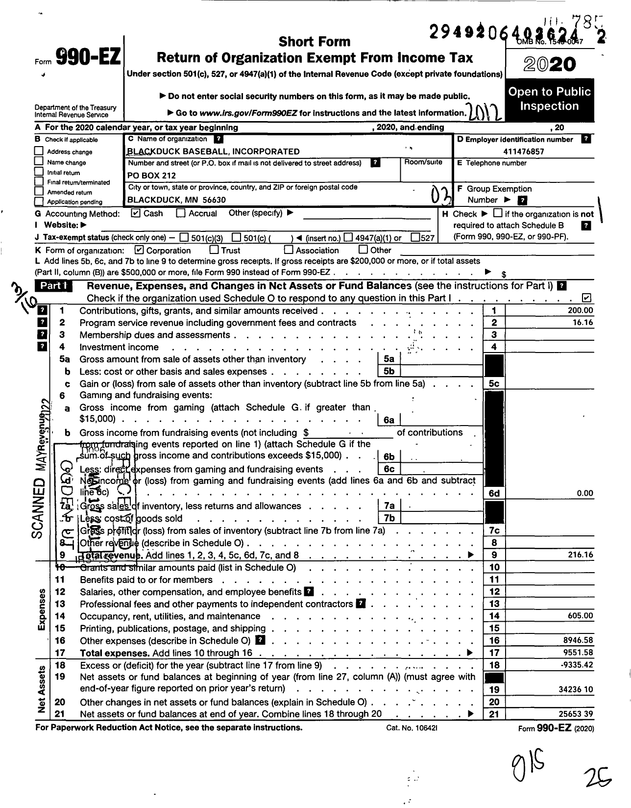 Image of first page of 2020 Form 990EZ for Blackduck Baseball Incorporated