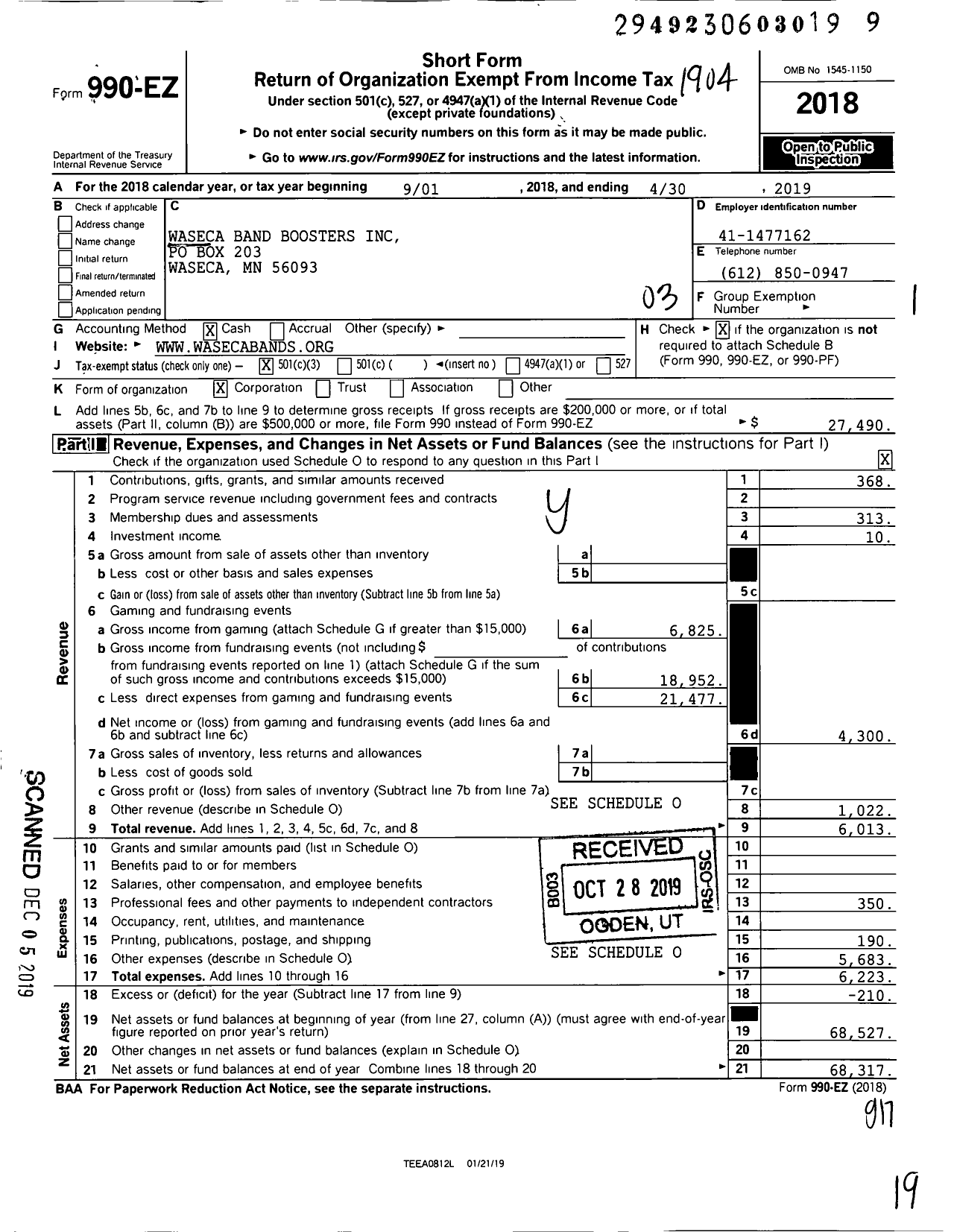 Image of first page of 2018 Form 990EZ for Waseca Band Boosters