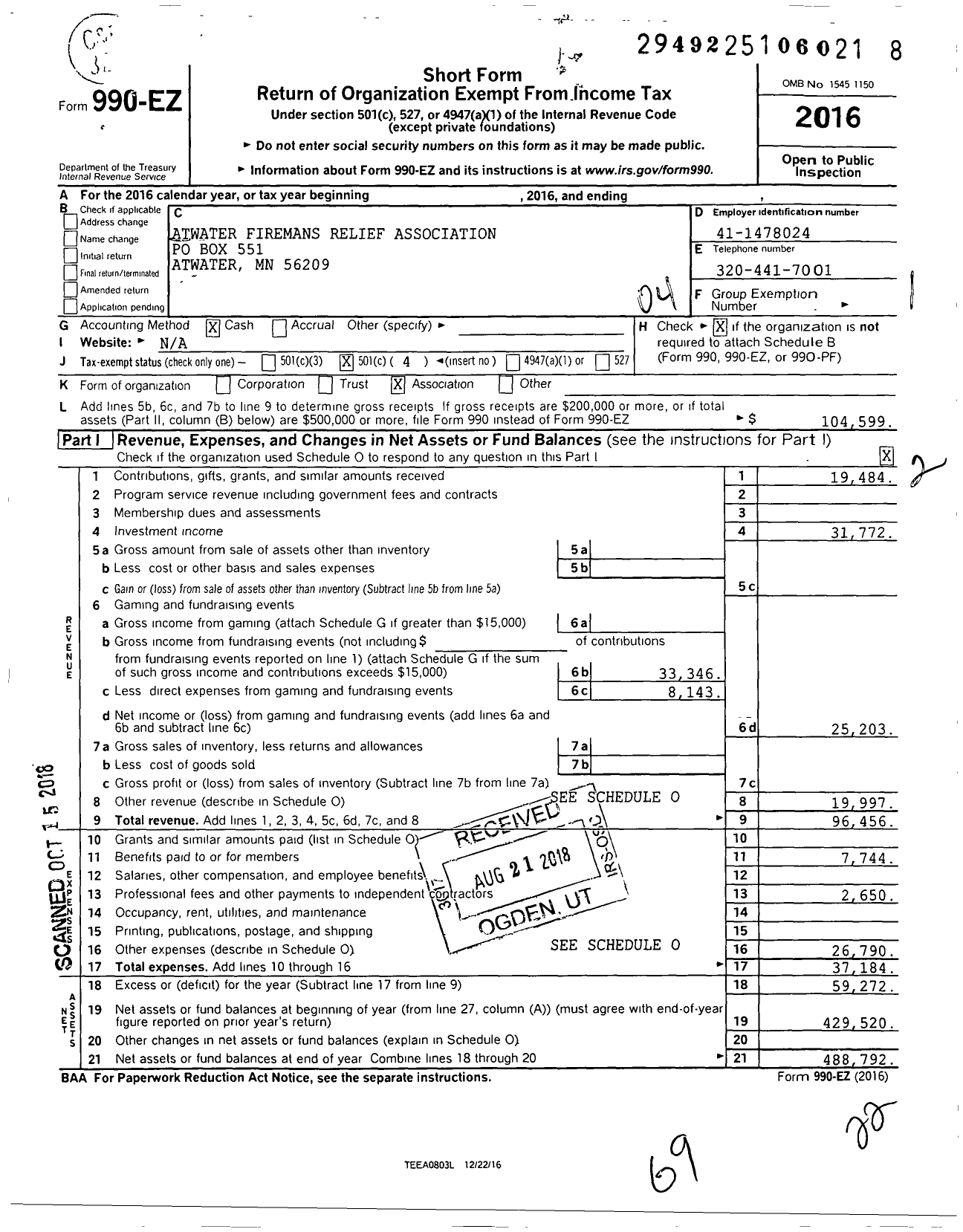 Image of first page of 2016 Form 990EO for Atwater Firemans Relief Association