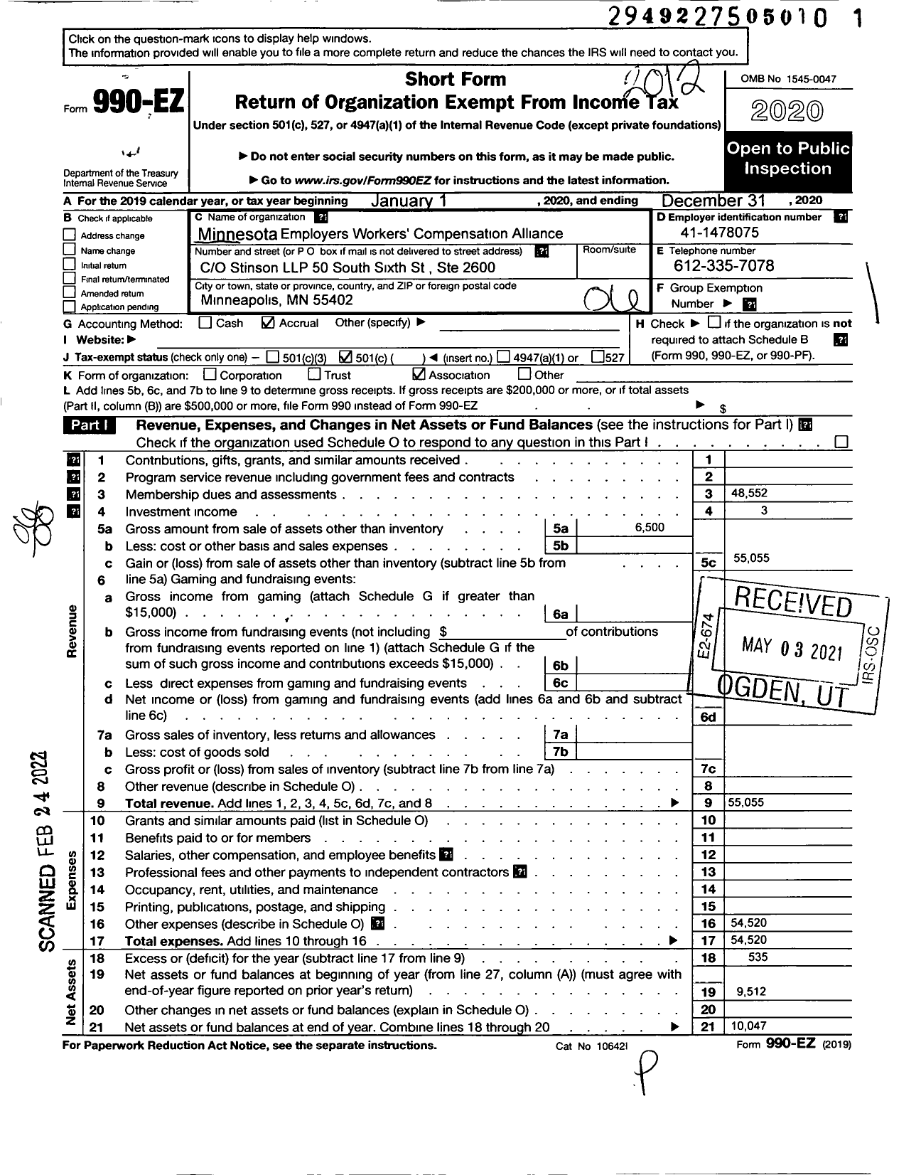 Image of first page of 2020 Form 990EO for Minnesota Self-Insurers Association