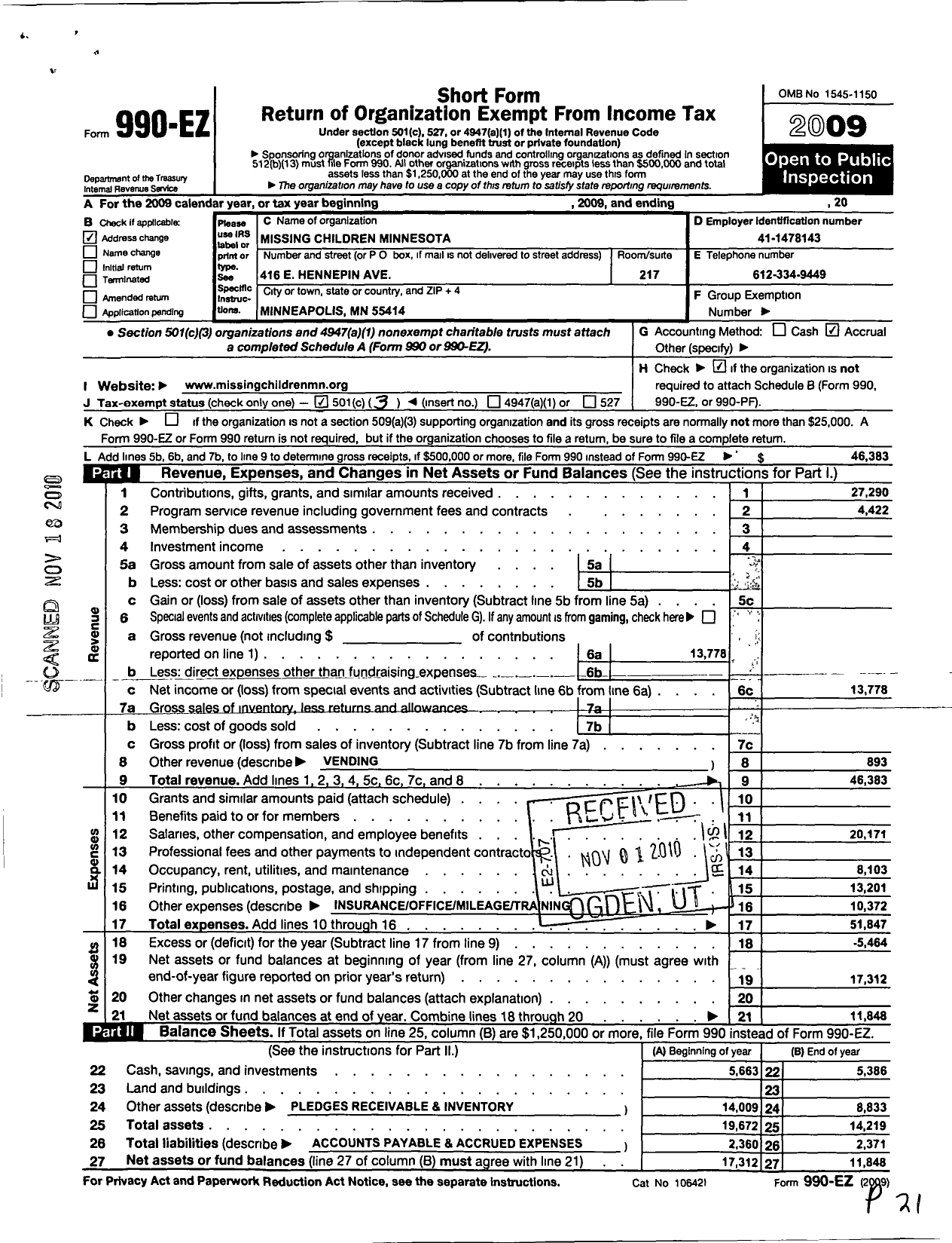 Image of first page of 2009 Form 990EZ for Missing Children Minnesota