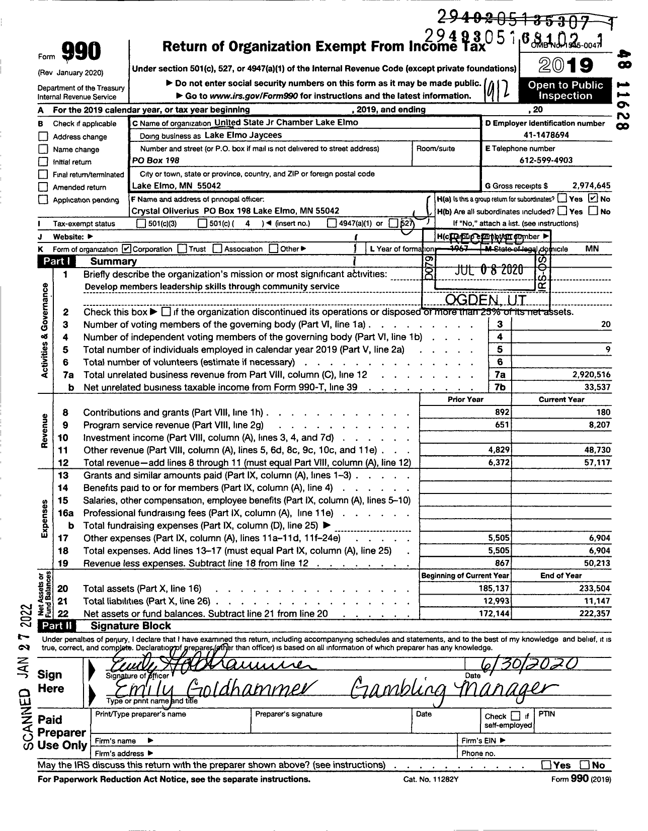 Image of first page of 2019 Form 990O for Lake Elmo Jaycees