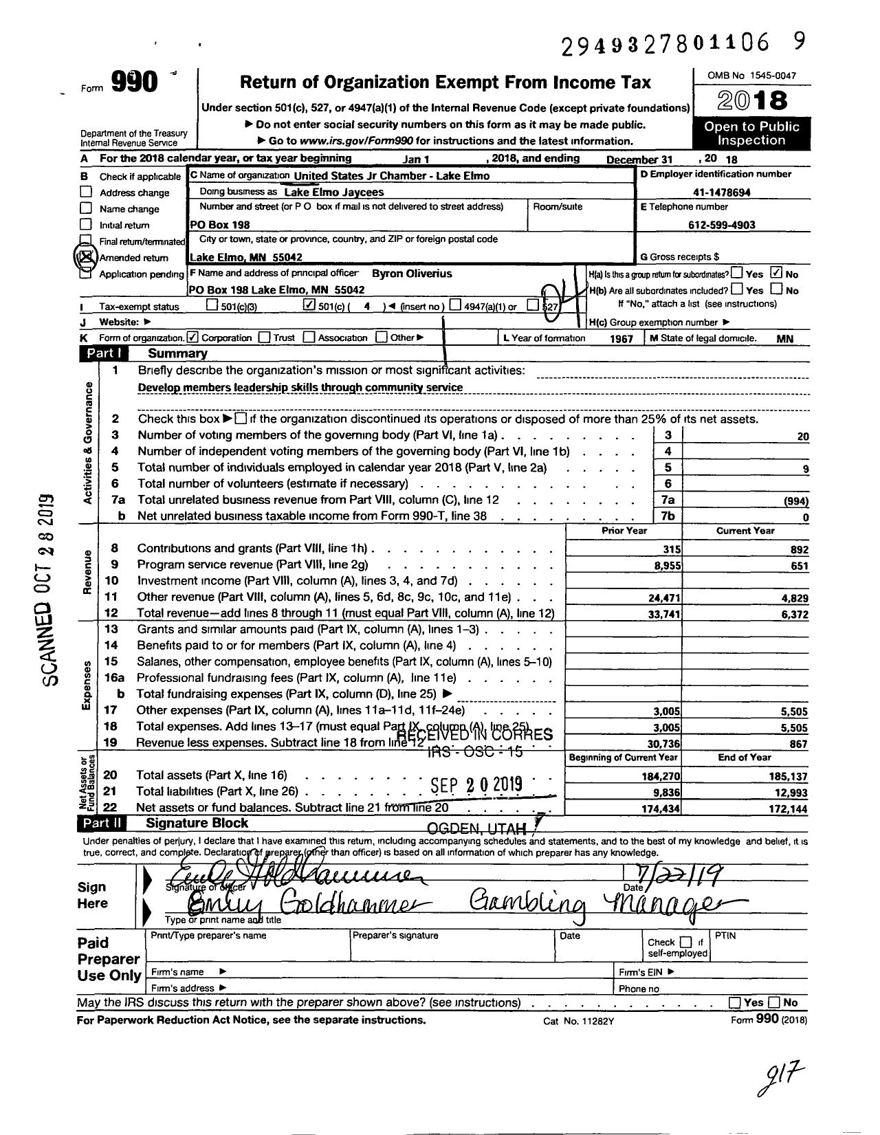 Image of first page of 2018 Form 990O for Lake Elmo Jaycees