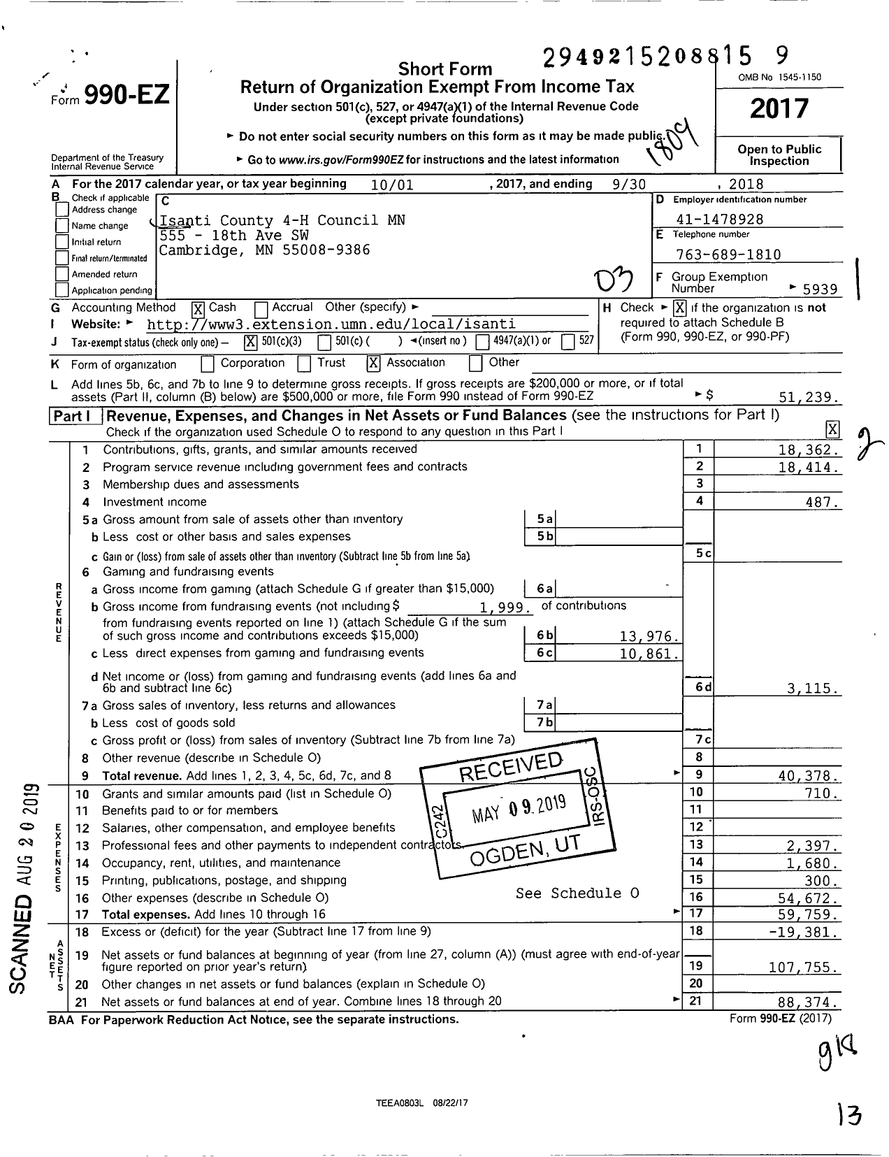 Image of first page of 2017 Form 990EZ for Isanti County 4-H Council MN