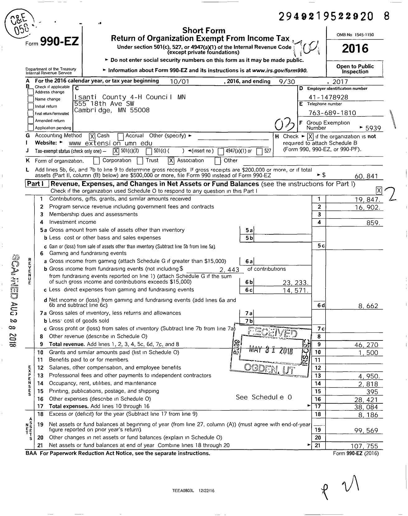 Image of first page of 2016 Form 990EZ for Isanti County 4-H Council MN