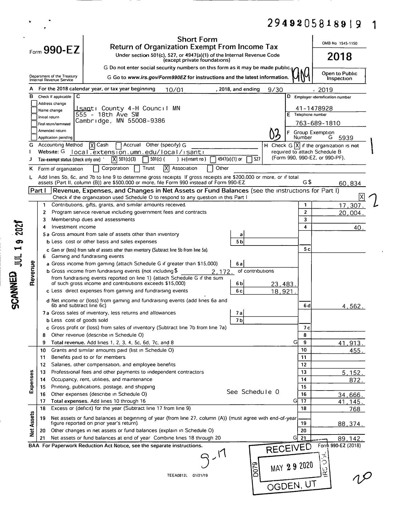 Image of first page of 2018 Form 990EZ for Isanti County 4-H Council MN