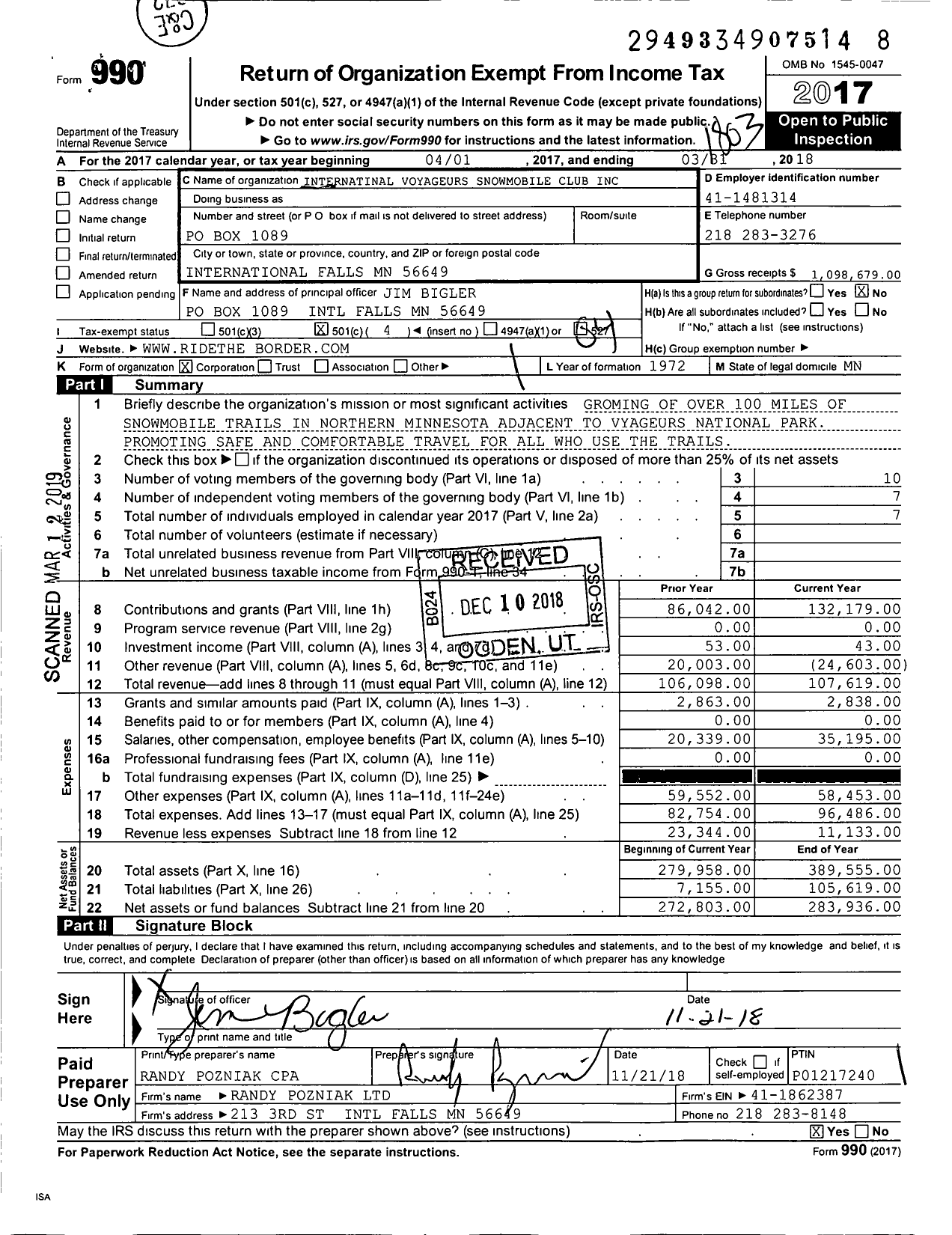 Image of first page of 2017 Form 990O for International Voyageurs Snowmobile Club