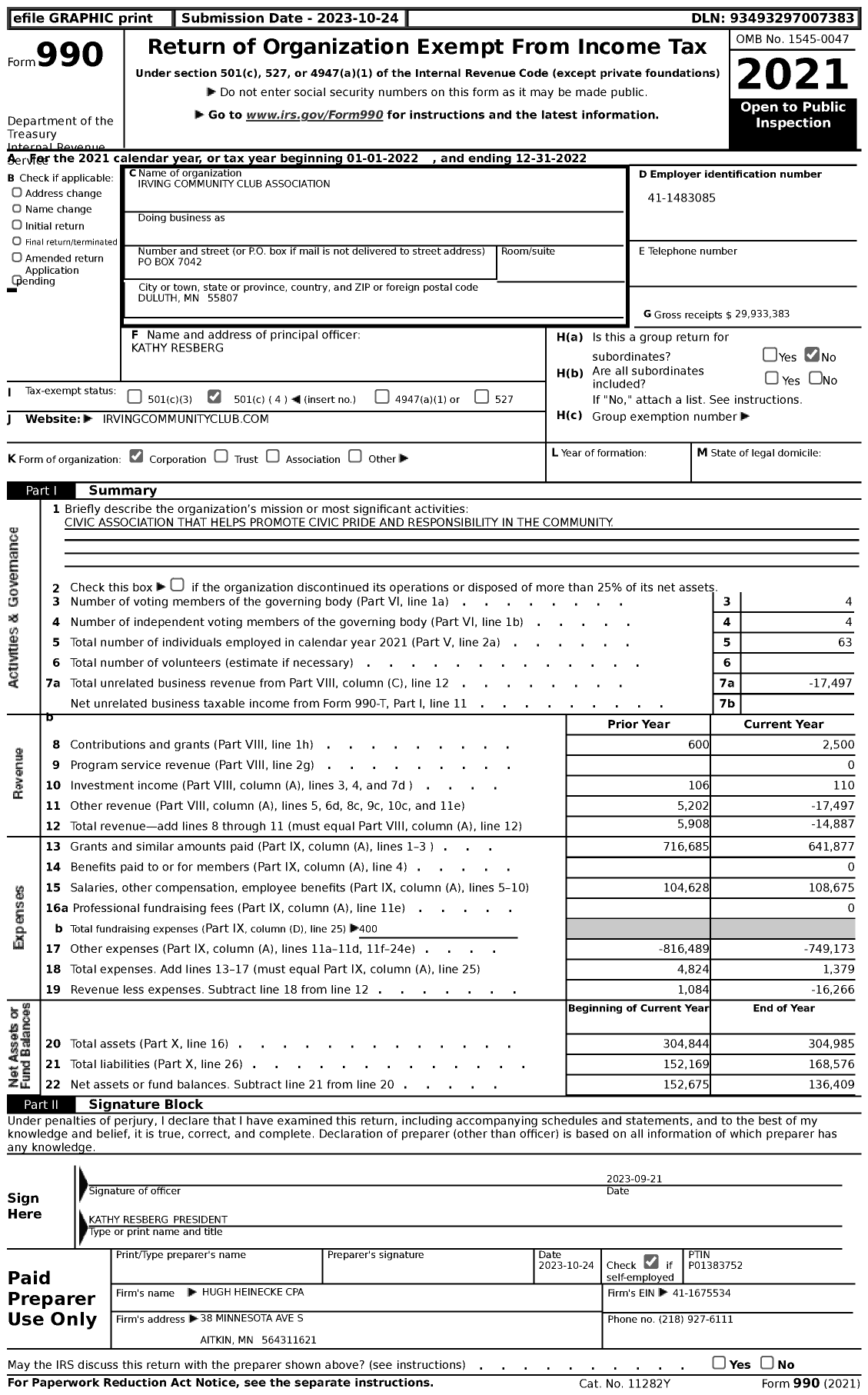 Image of first page of 2022 Form 990 for Irving Community Club Association