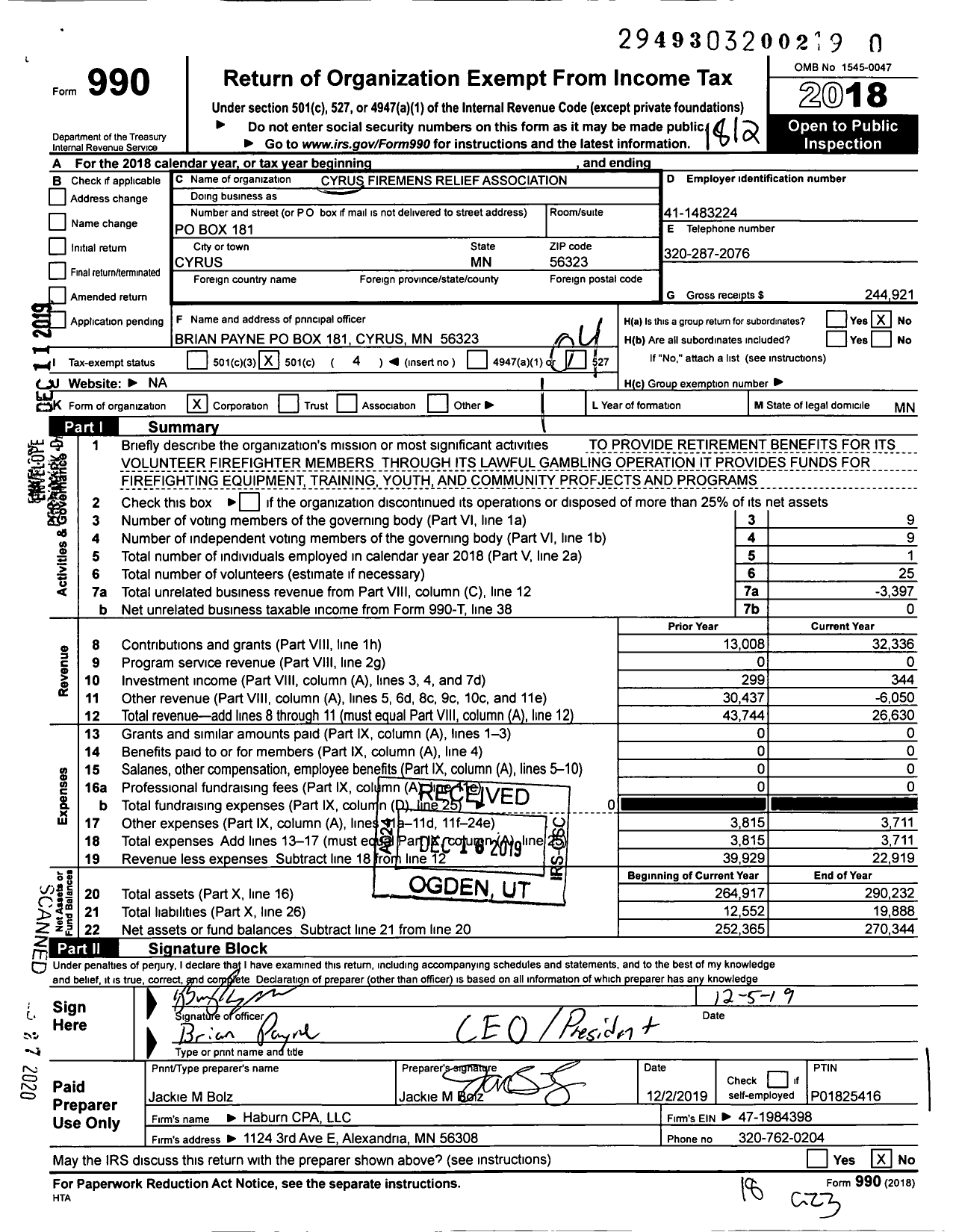 Image of first page of 2018 Form 990O for Cyrus Firemens Relief Association